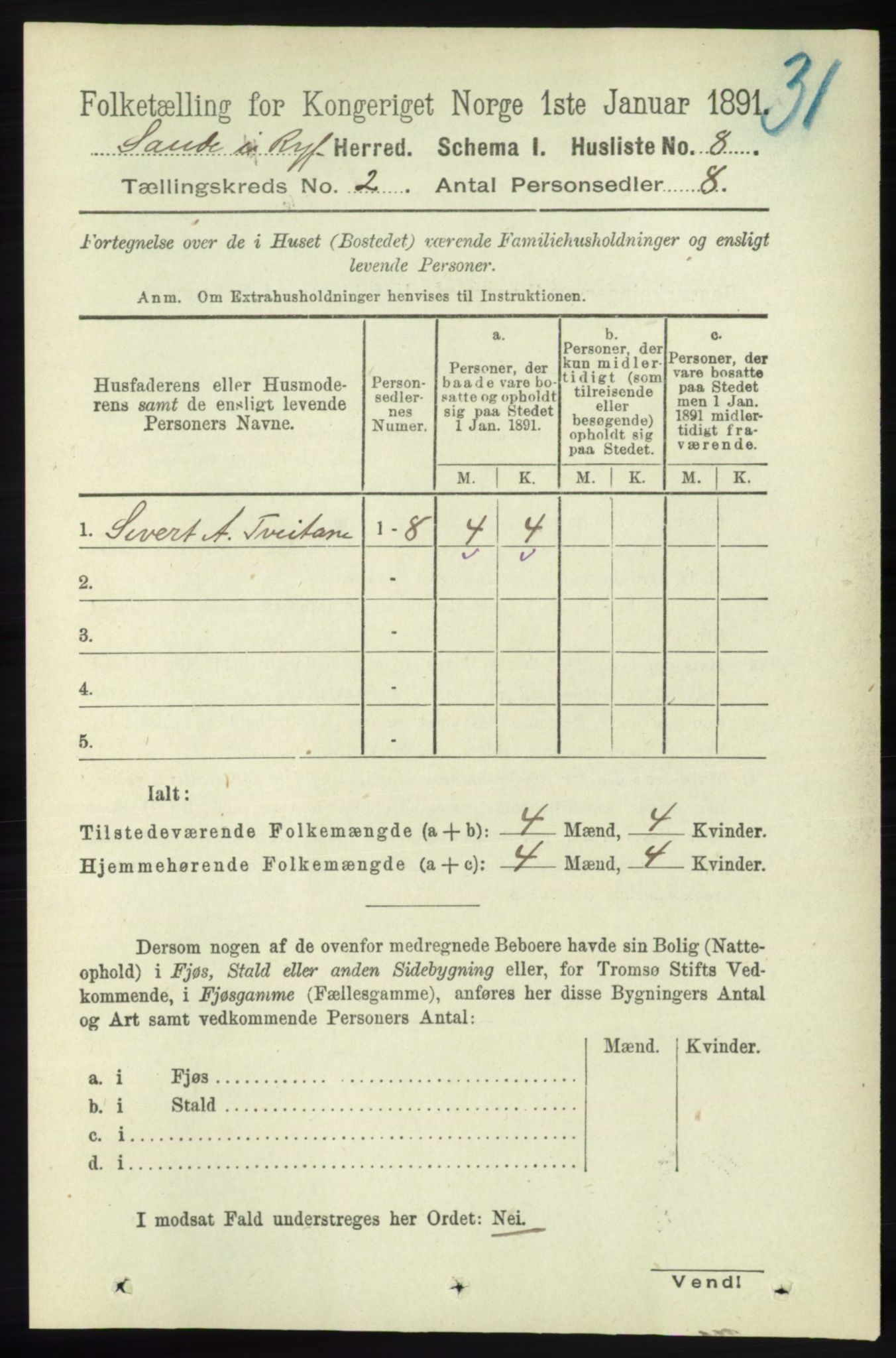 RA, 1891 census for 1135 Sauda, 1891, p. 531