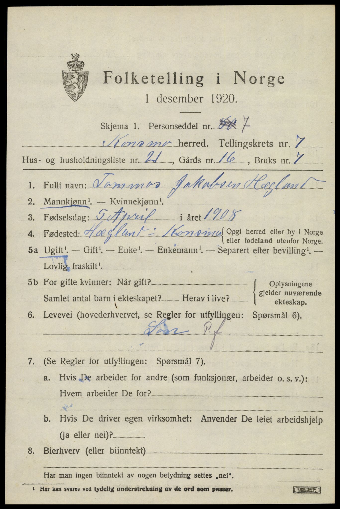 SAK, 1920 census for Konsmo, 1920, p. 1620