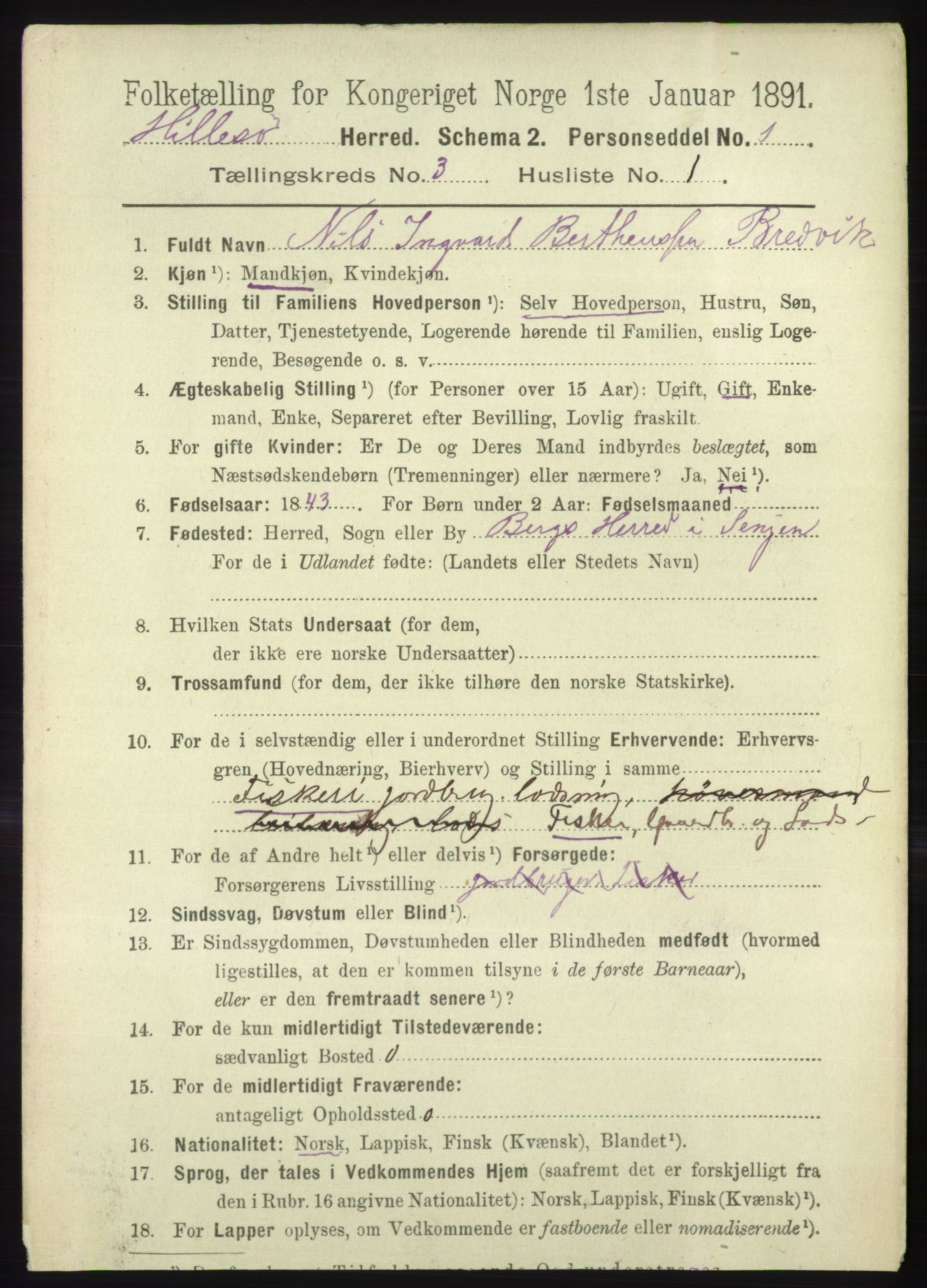 RA, 1891 census for 1930 Hillesøy, 1891, p. 1089