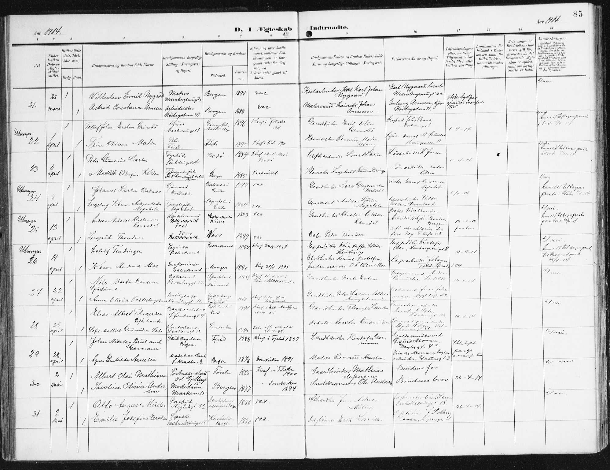 Domkirken sokneprestembete, SAB/A-74801/H/Haa/L0038: Parish register (official) no. D 5, 1906-1921, p. 85