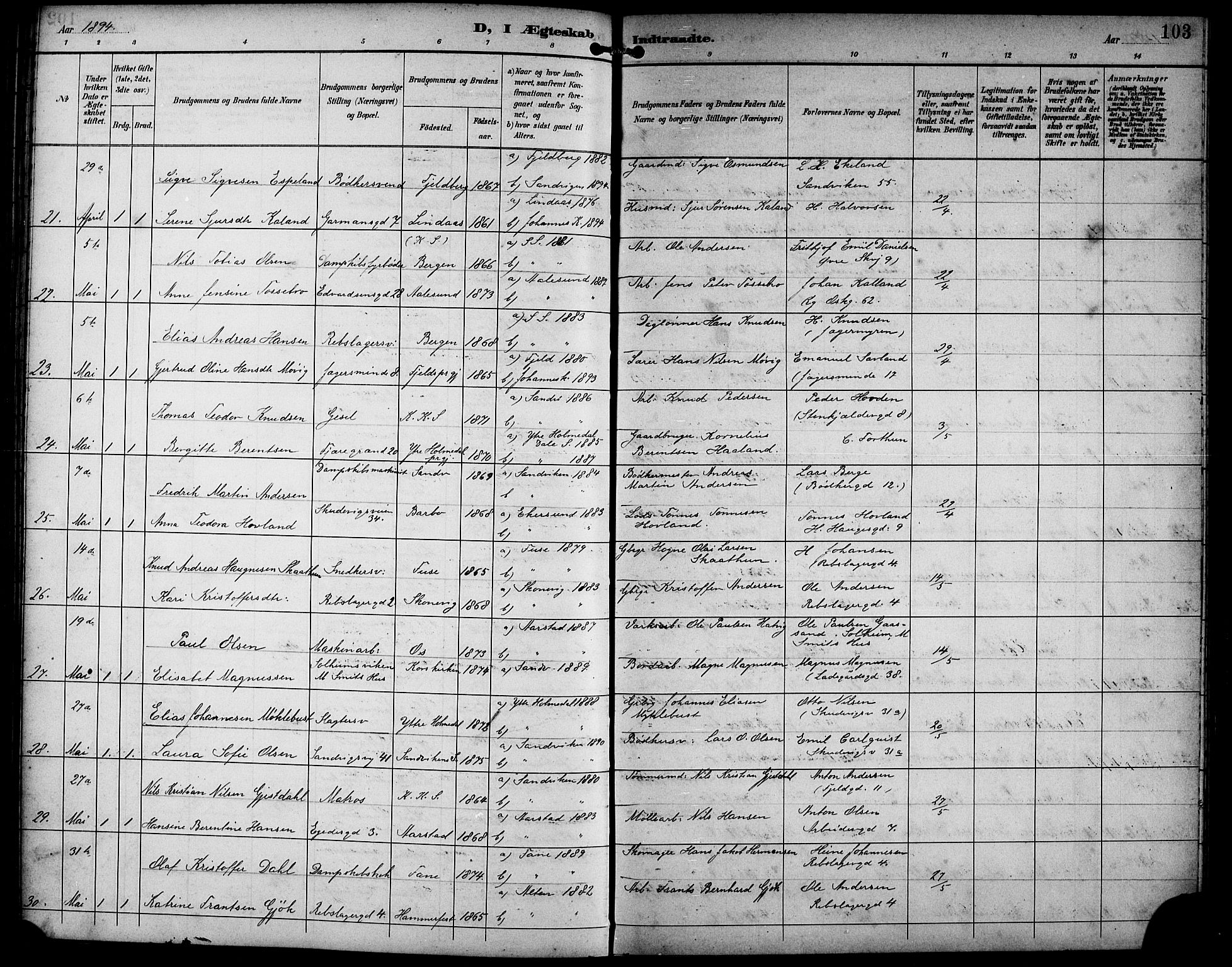 Sandviken Sokneprestembete, SAB/A-77601/H/Hb/L0003: Parish register (copy) no. A 4, 1892-1901, p. 103