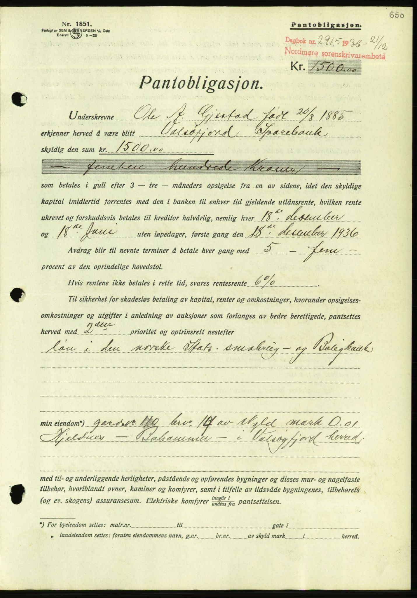 Nordmøre sorenskriveri, AV/SAT-A-4132/1/2/2Ca/L0090: Mortgage book no. B80, 1936-1937, Diary no: : 2915/1936