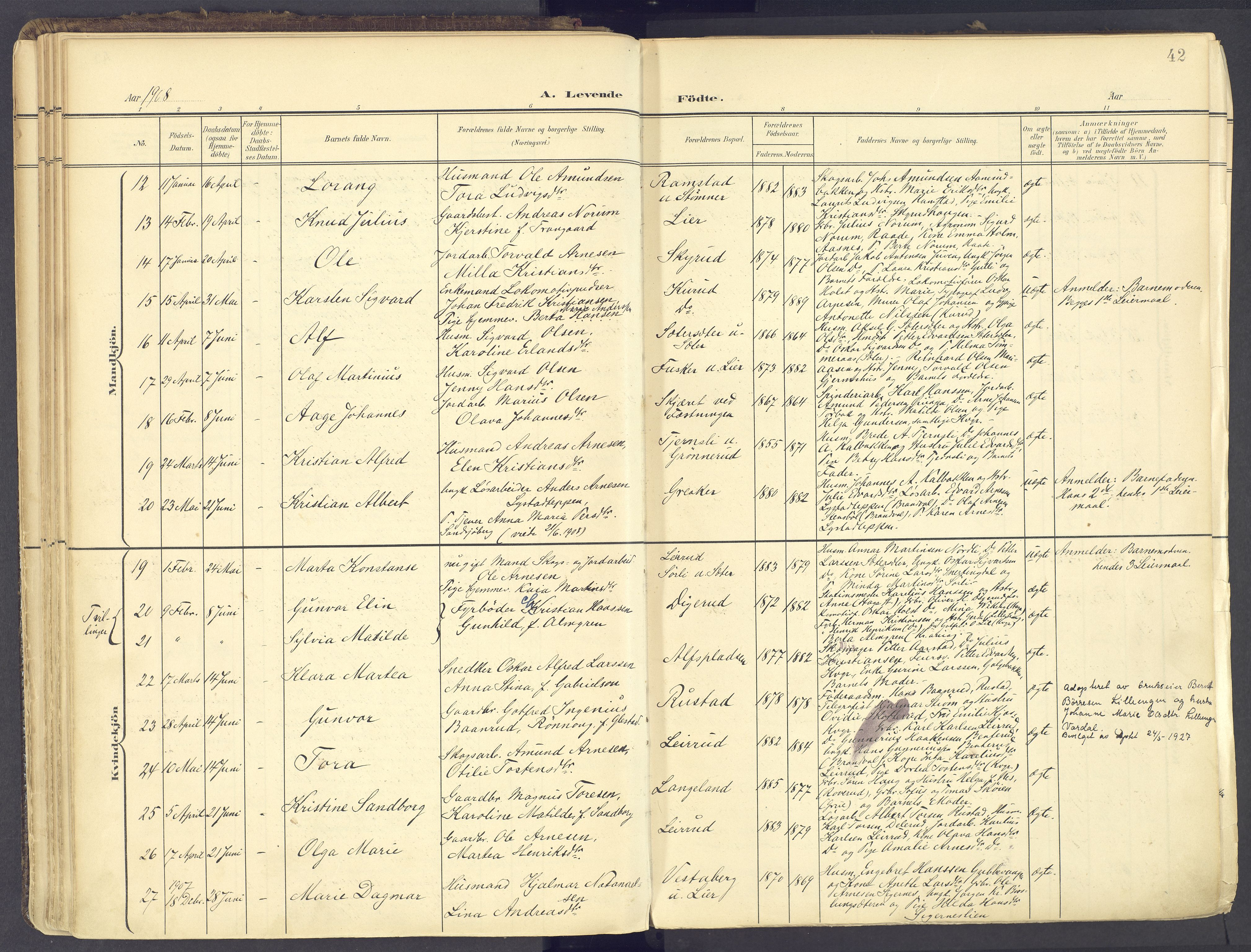 Vinger prestekontor, AV/SAH-PREST-024/H/Ha/Haa/L0017: Parish register (official) no. 17, 1901-1927, p. 42