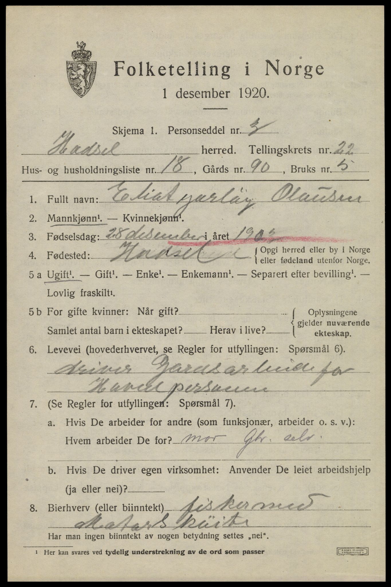 SAT, 1920 census for Hadsel, 1920, p. 20130