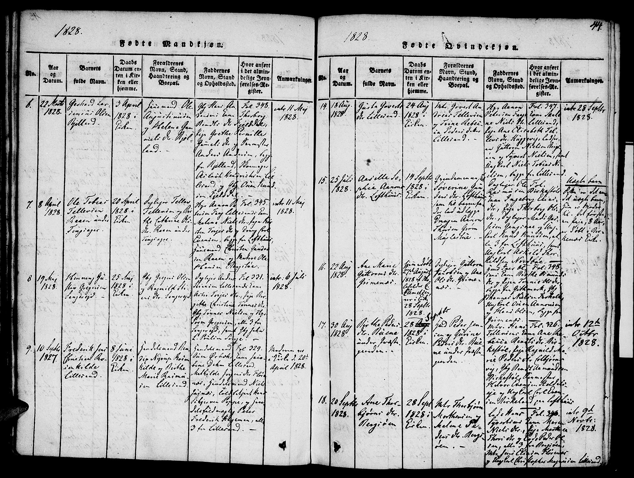 Vestre Moland sokneprestkontor, AV/SAK-1111-0046/F/Fa/Fab/L0003: Parish register (official) no. A 3, 1816-1843, p. 44