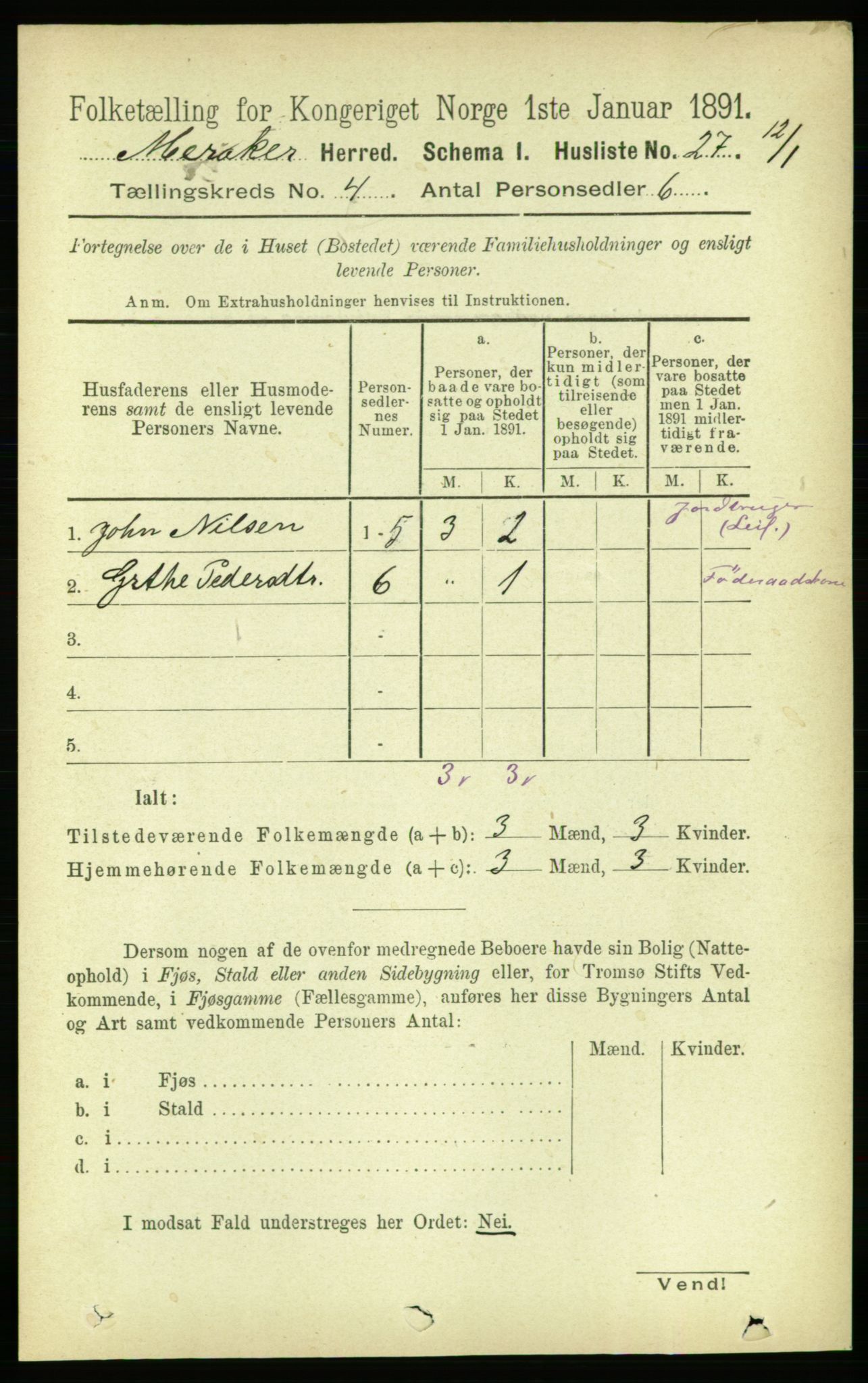 RA, 1891 census for 1711 Meråker, 1891, p. 1592