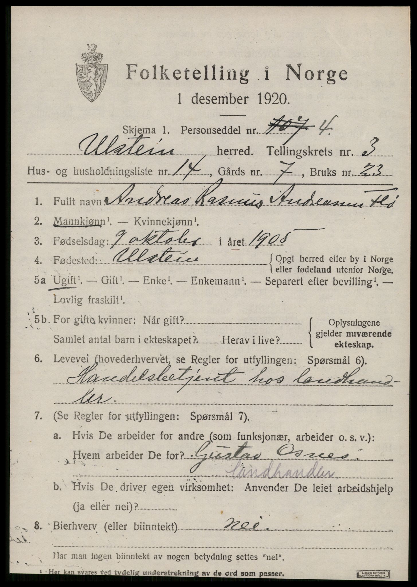 SAT, 1920 census for Ulstein, 1920, p. 1834