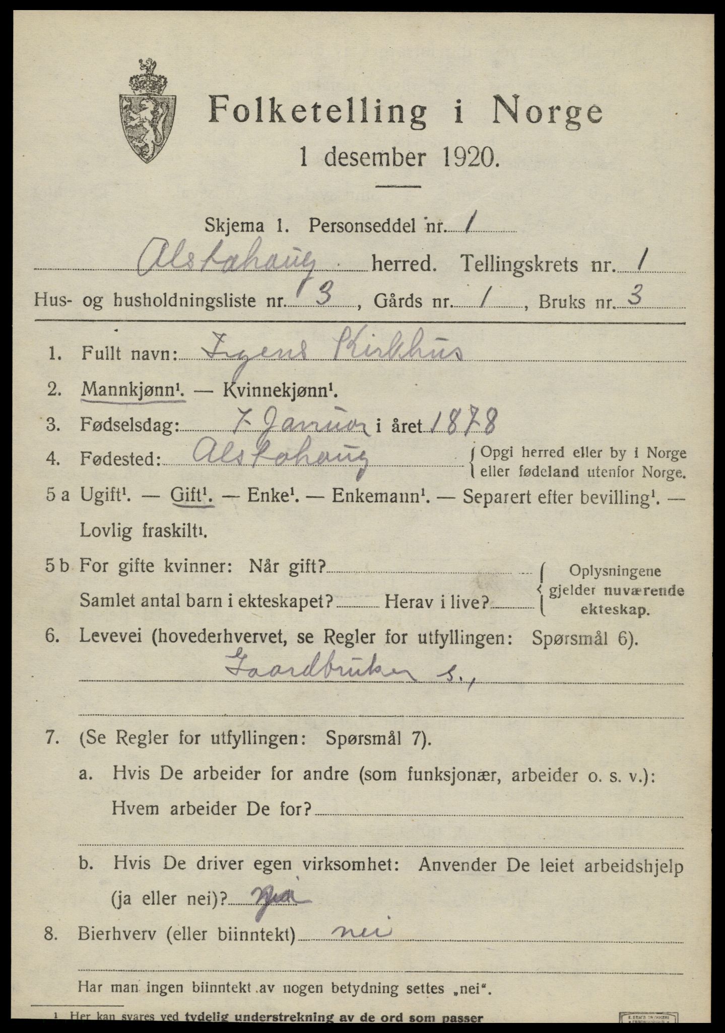 SAT, 1920 census for Alstahaug, 1920, p. 597