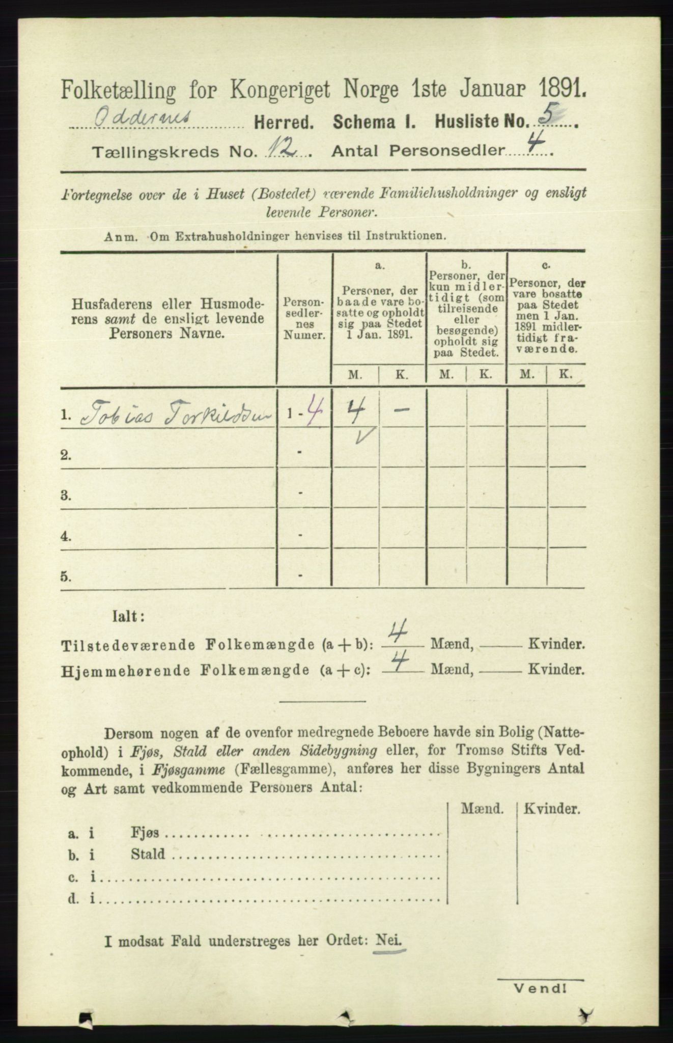 RA, 1891 census for 1012 Oddernes, 1891, p. 4315