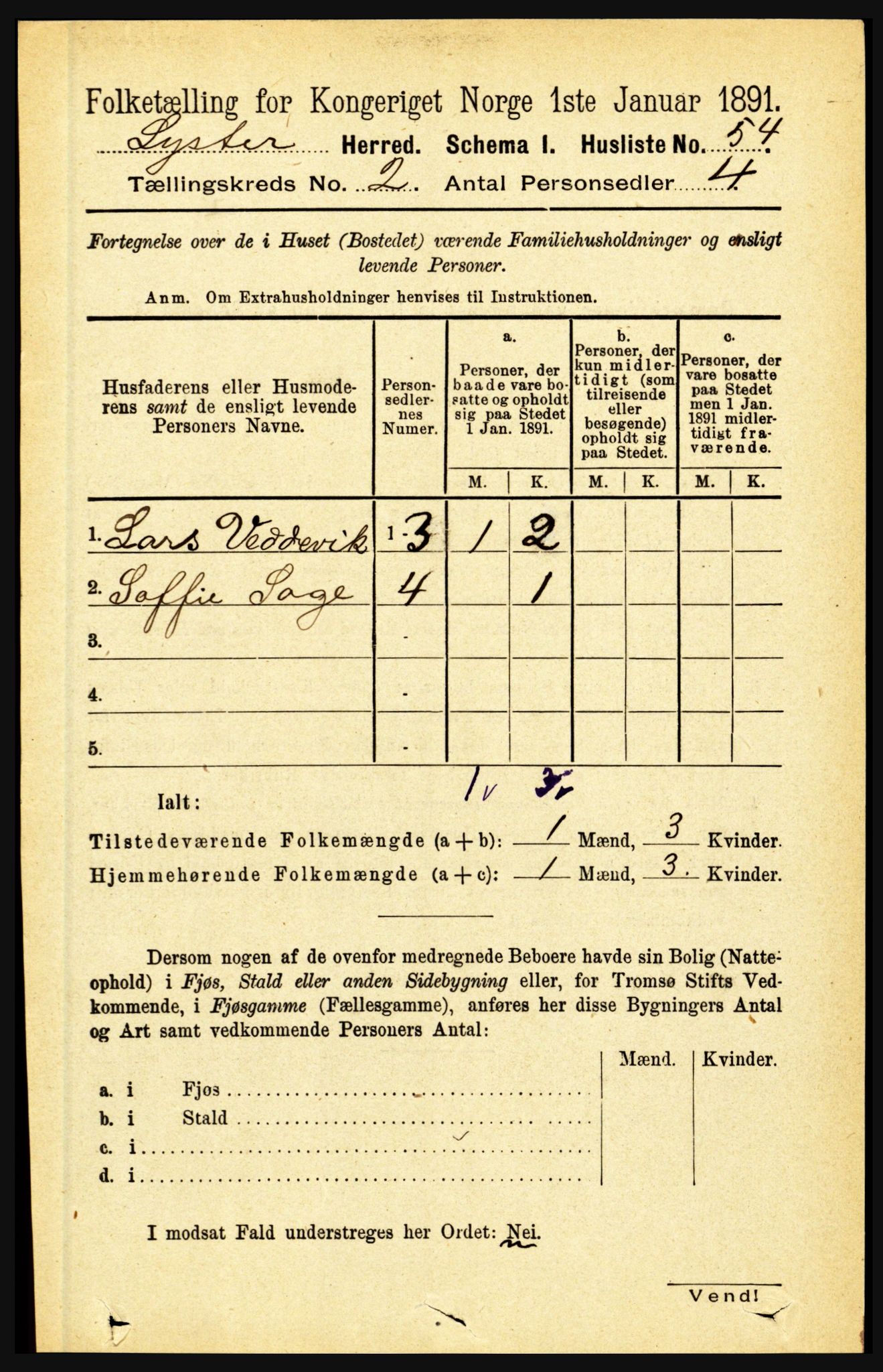 RA, 1891 census for 1426 Luster, 1891, p. 833