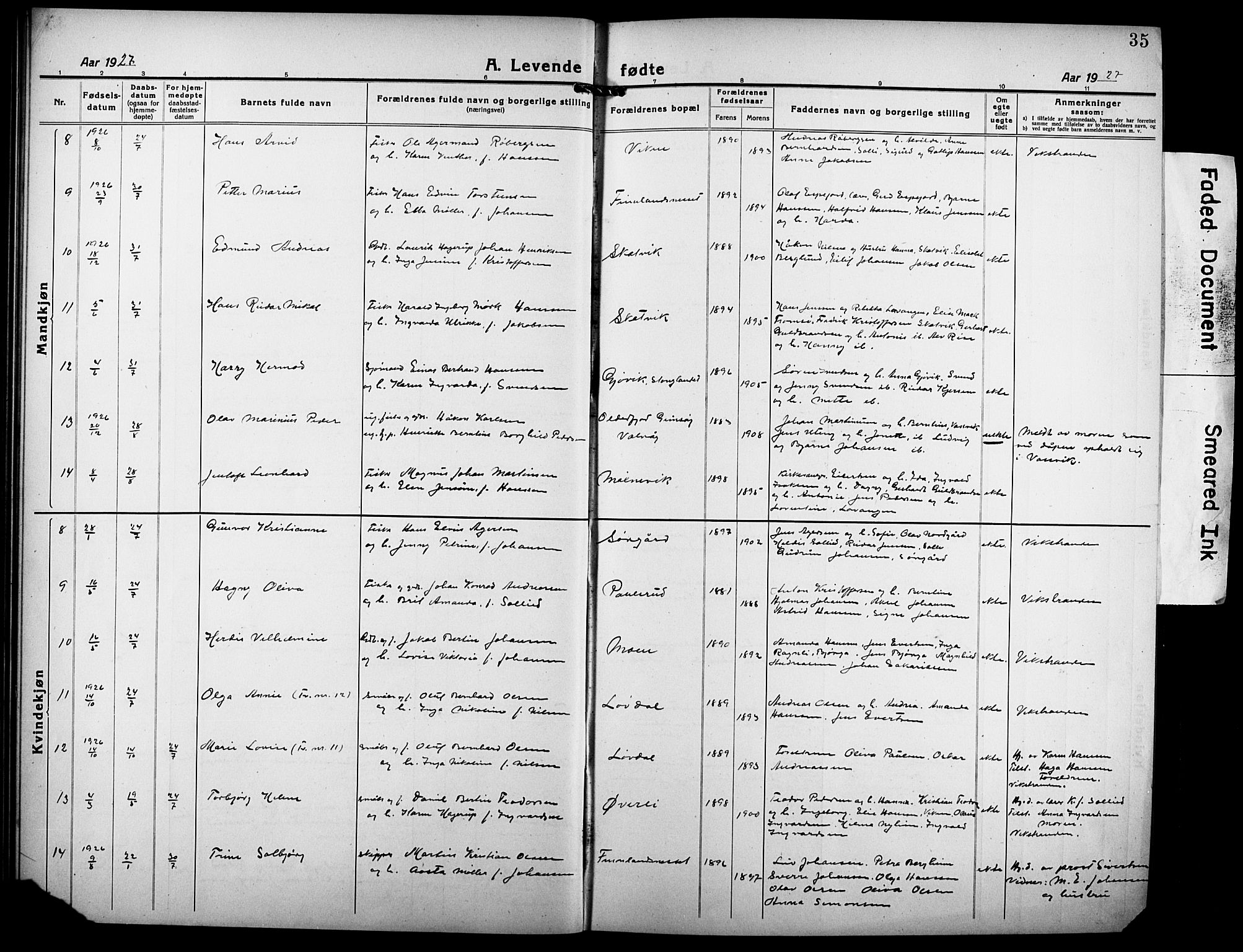 Tranøy sokneprestkontor, AV/SATØ-S-1313/I/Ia/Iab/L0006klokker: Parish register (copy) no. 6, 1919-1932, p. 35