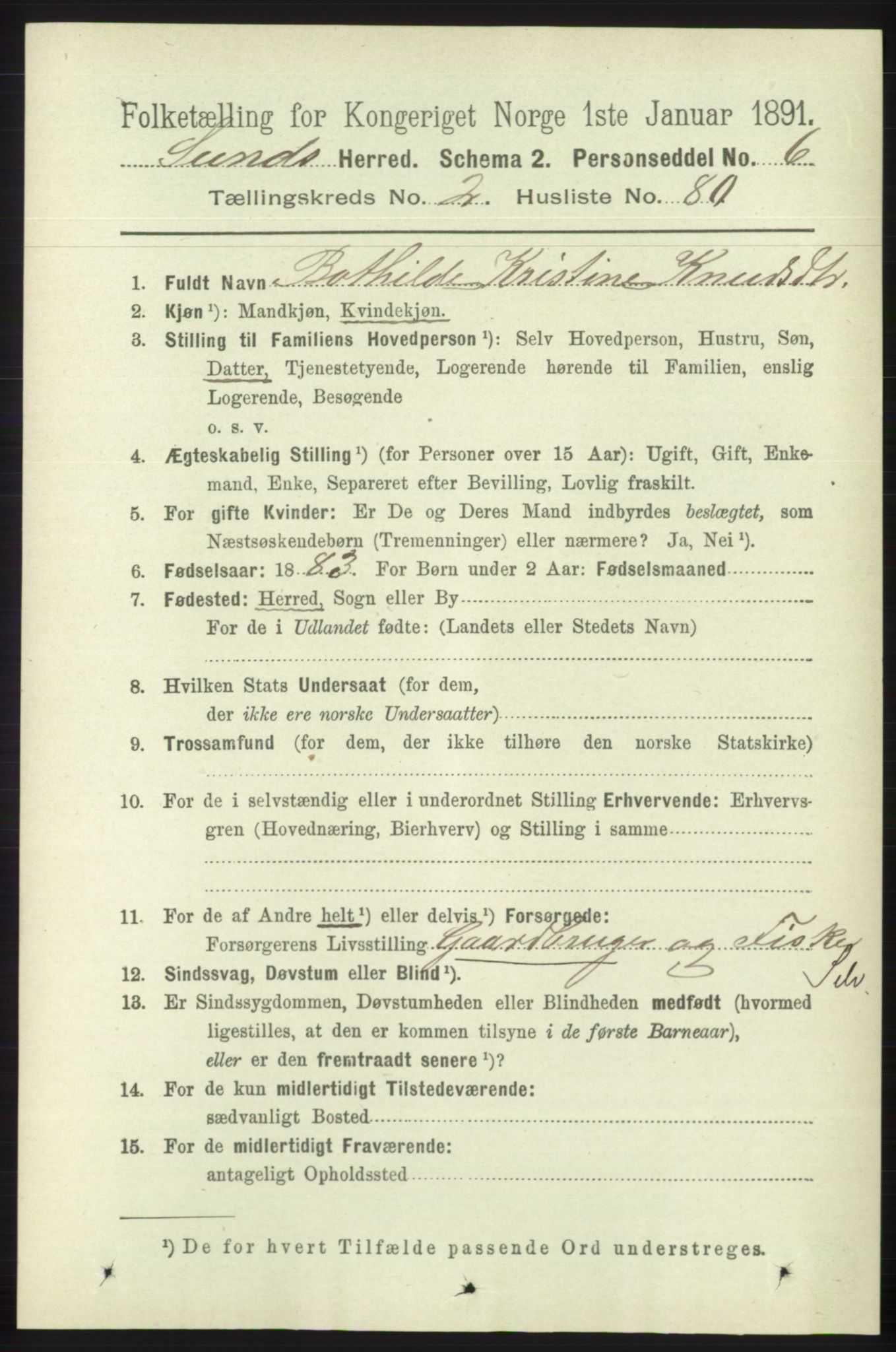 RA, 1891 census for 1245 Sund, 1891, p. 1106