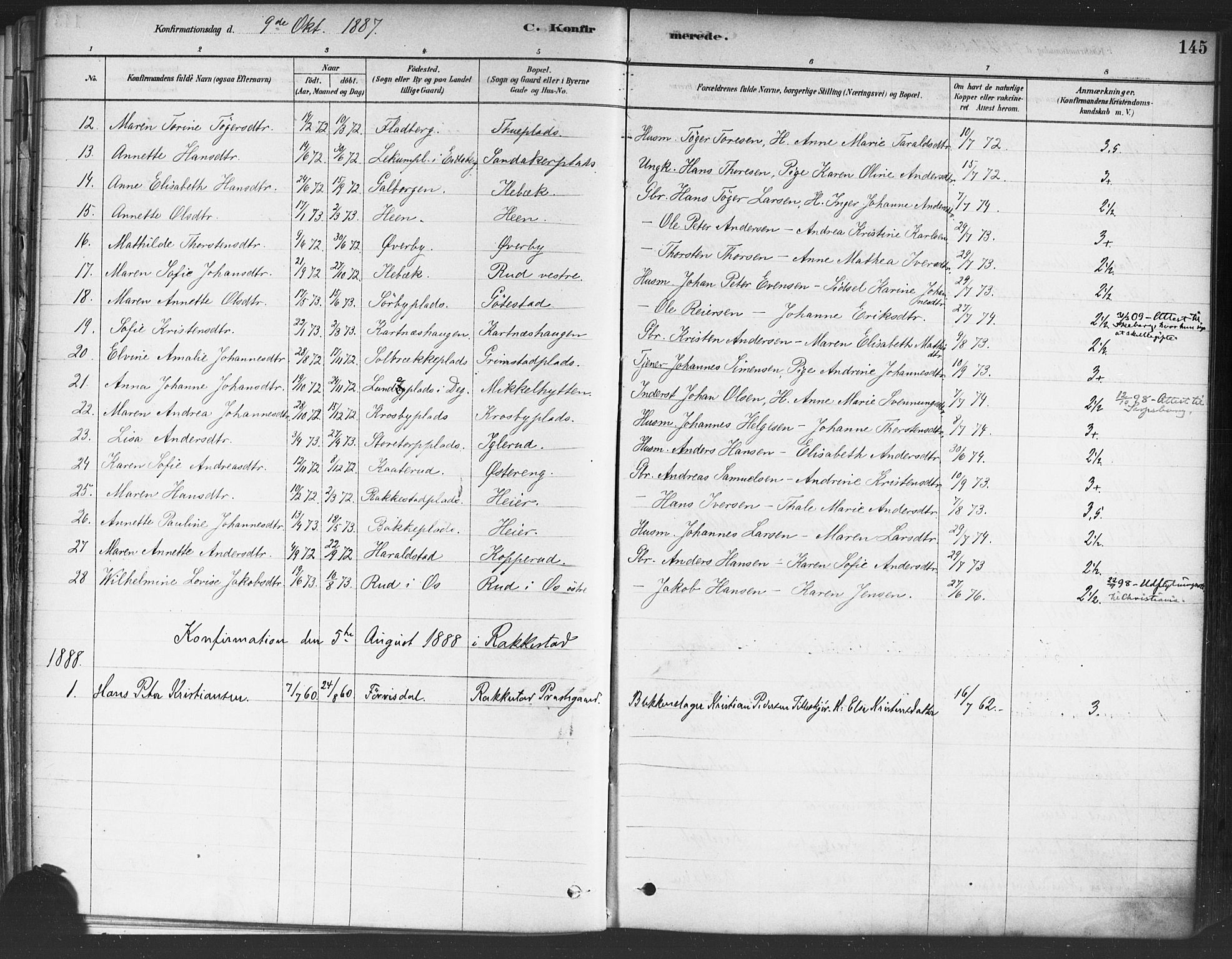 Rakkestad prestekontor Kirkebøker, SAO/A-2008/F/Fa/L0012: Parish register (official) no. I 12, 1878-1893, p. 145