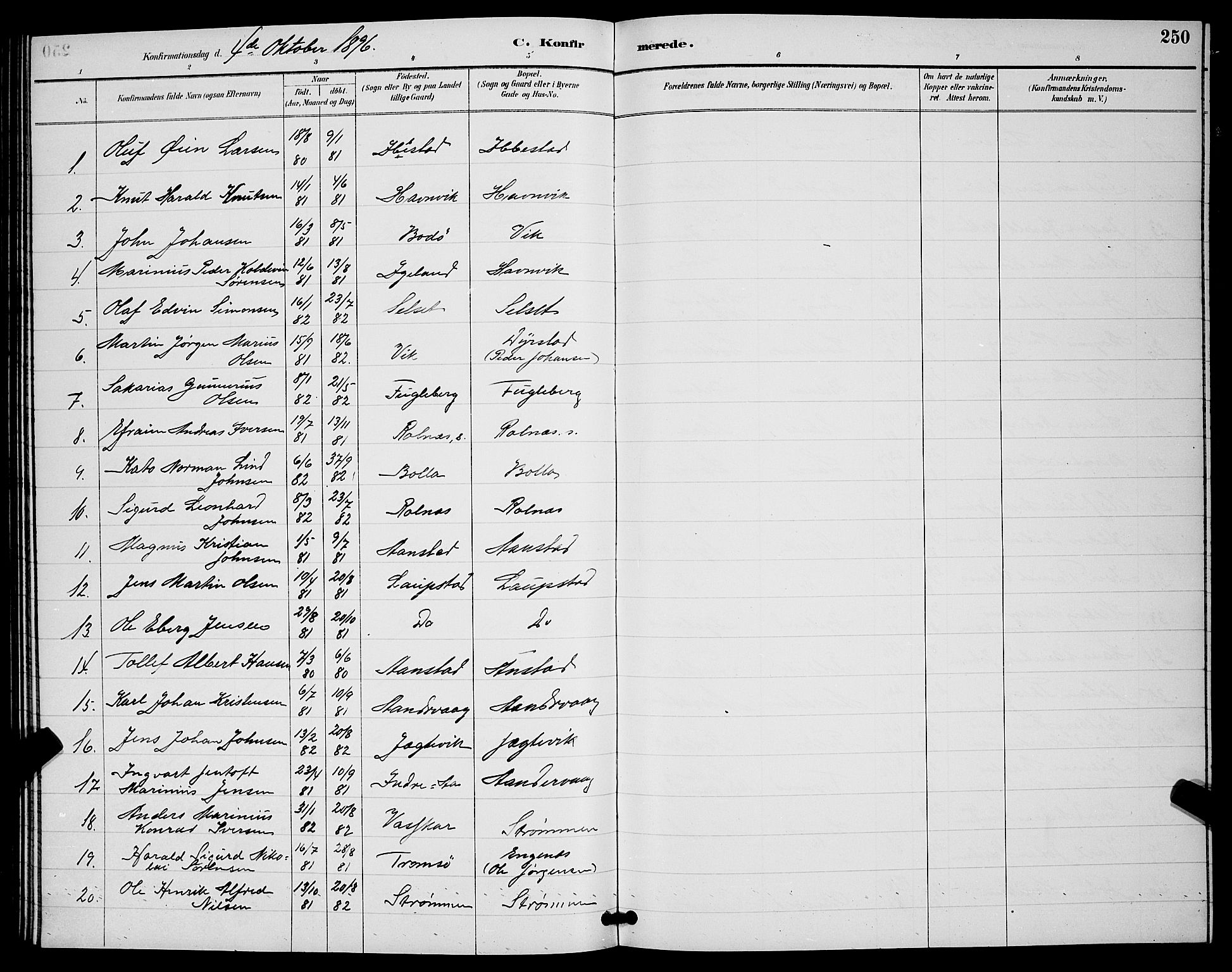 Ibestad sokneprestembete, SATØ/S-0077/H/Ha/Hab/L0008klokker: Parish register (copy) no. 8, 1890-1903, p. 250