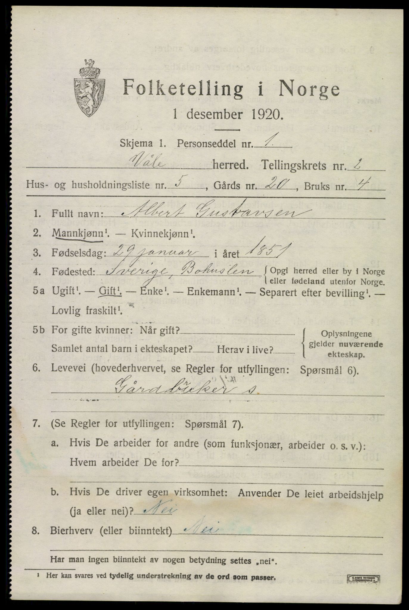 SAKO, 1920 census for Våle, 1920, p. 1950