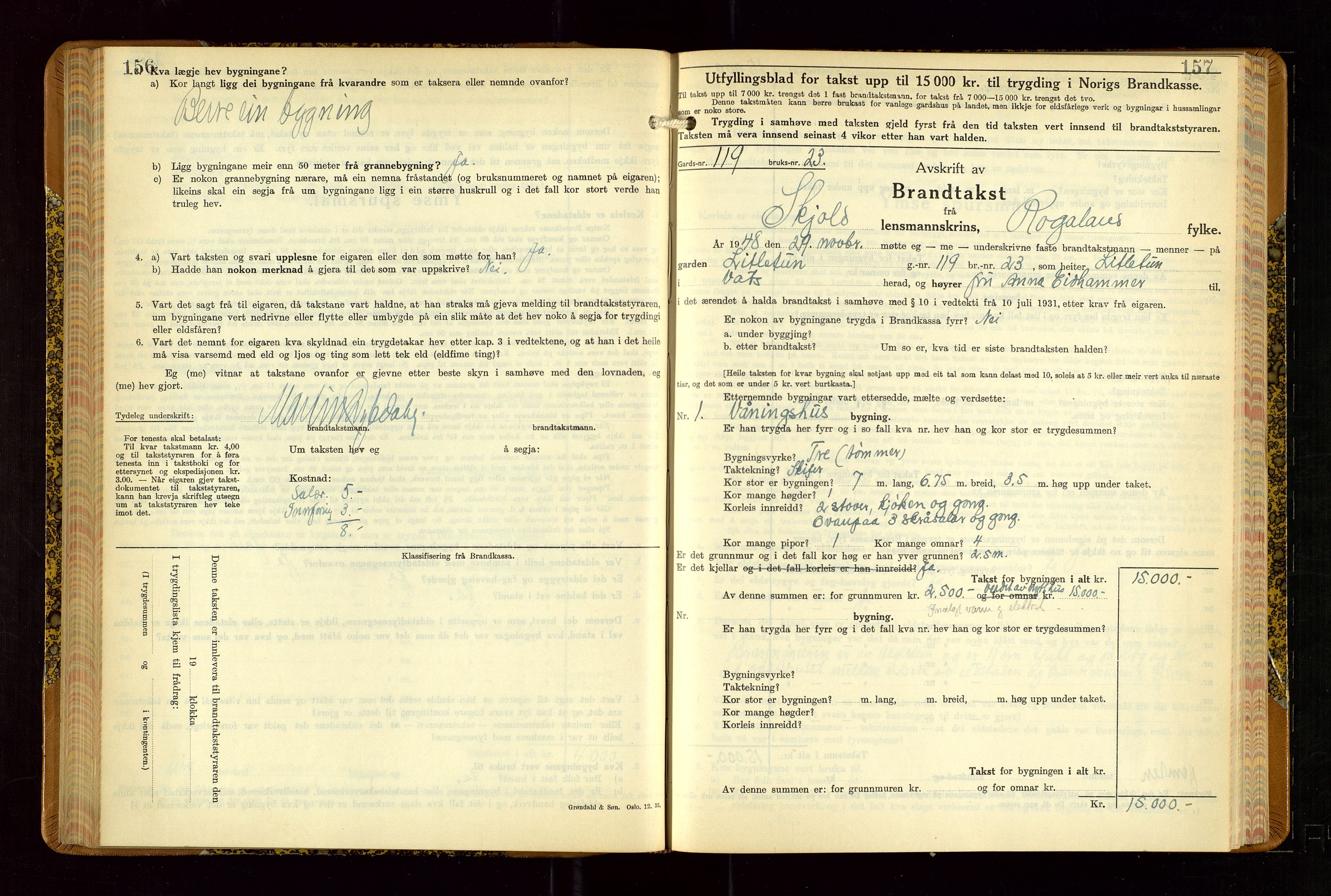 Skjold lensmannskontor, AV/SAST-A-100182/Gob/L0002: "Branntakstbok for Skjold lensmannskrins Rogaland fylke", 1939-1952, p. 156-157