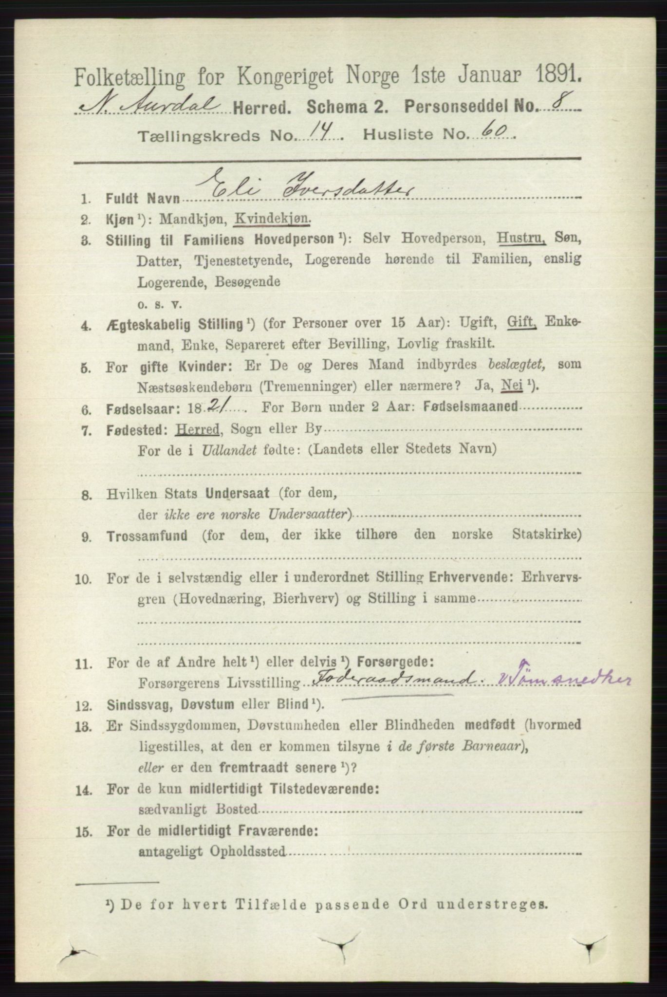 RA, 1891 census for 0542 Nord-Aurdal, 1891, p. 5586