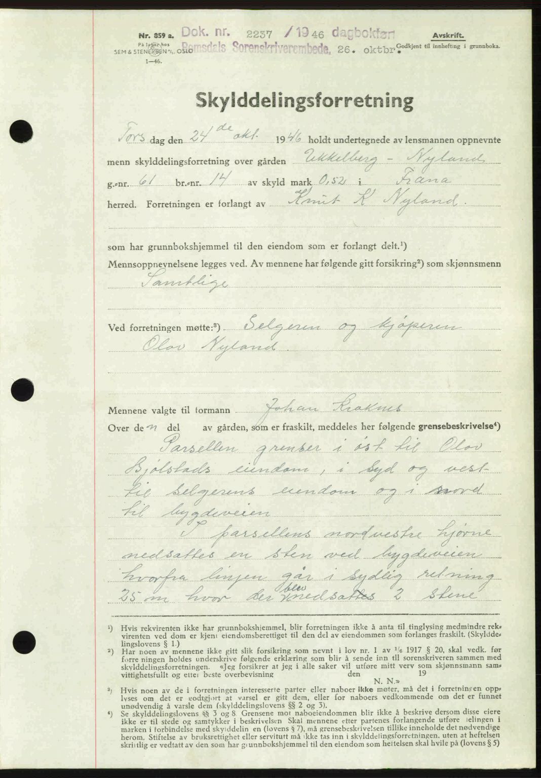 Romsdal sorenskriveri, AV/SAT-A-4149/1/2/2C: Mortgage book no. A21, 1946-1946, Diary no: : 2237/1946