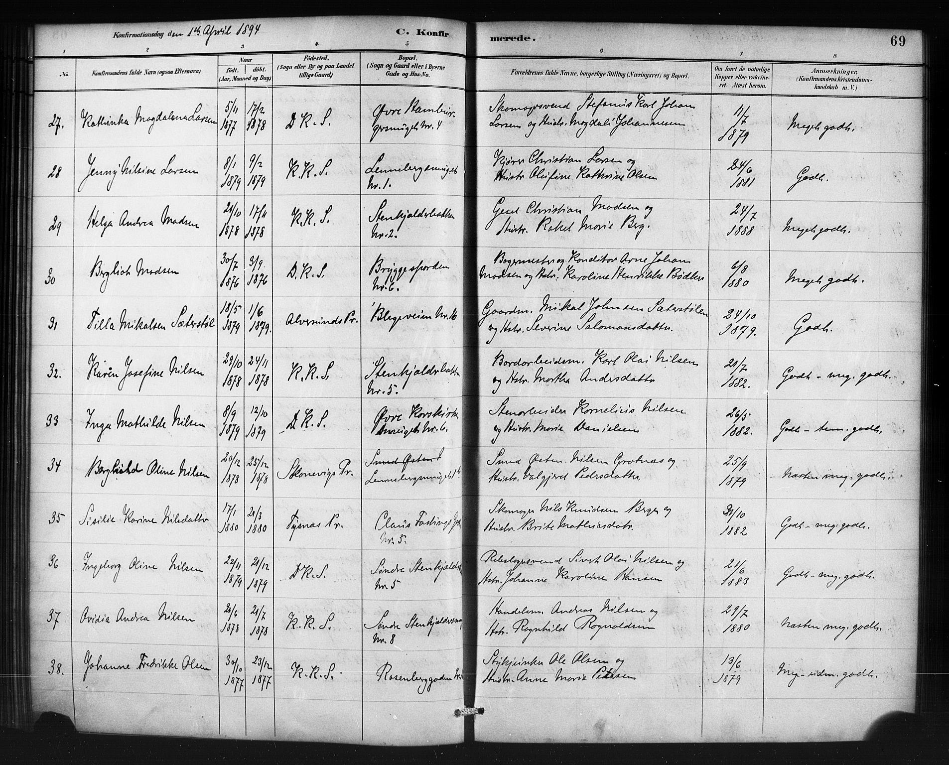 Korskirken sokneprestembete, AV/SAB-A-76101/H/Haa/L0071: Curate's parish register no. A 6, 1885-1912, p. 69