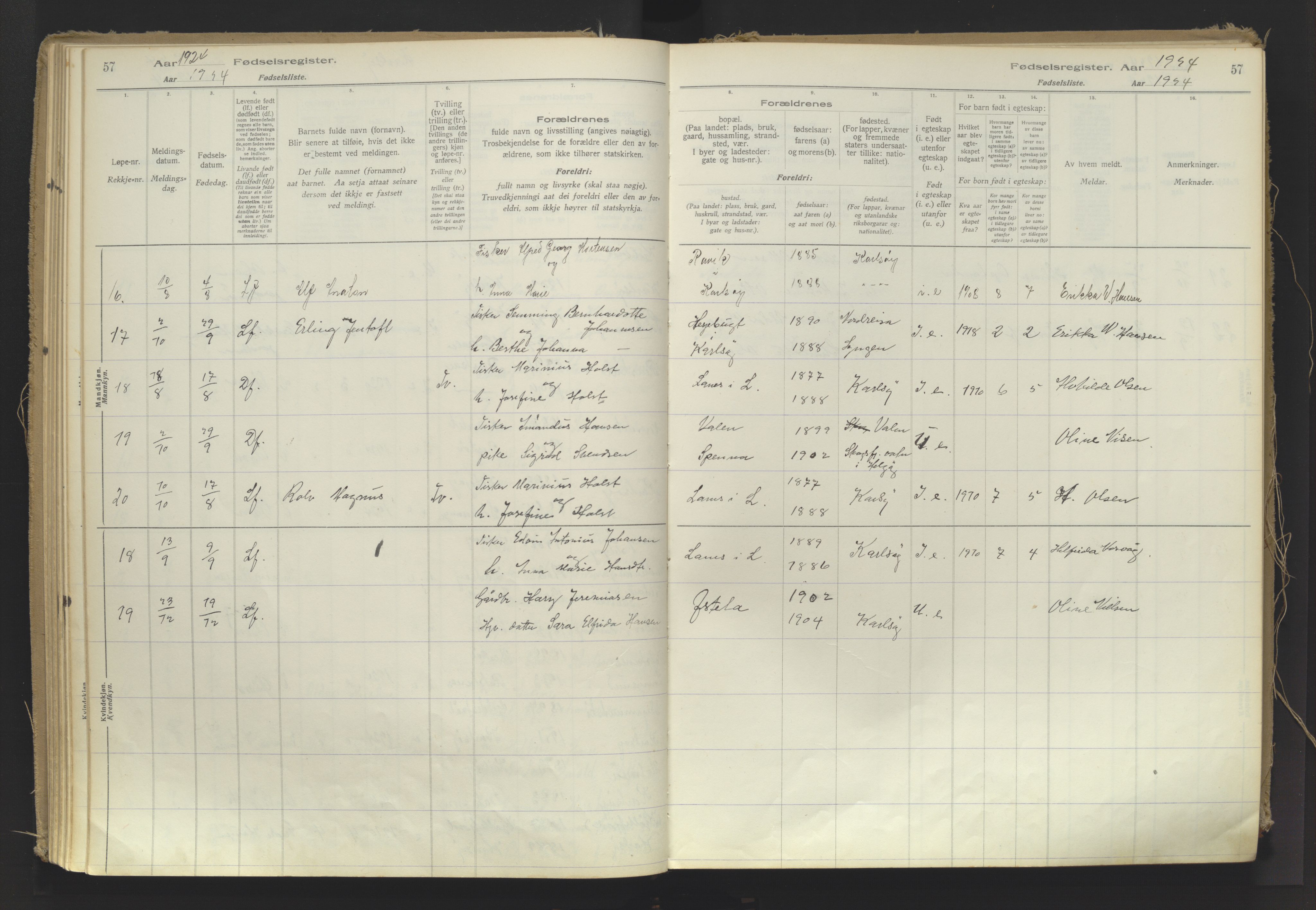 Karlsøy sokneprestembete, AV/SATØ-S-1299/I/Ic/L0064: Birth register no. 64, 1916-1943, p. 57