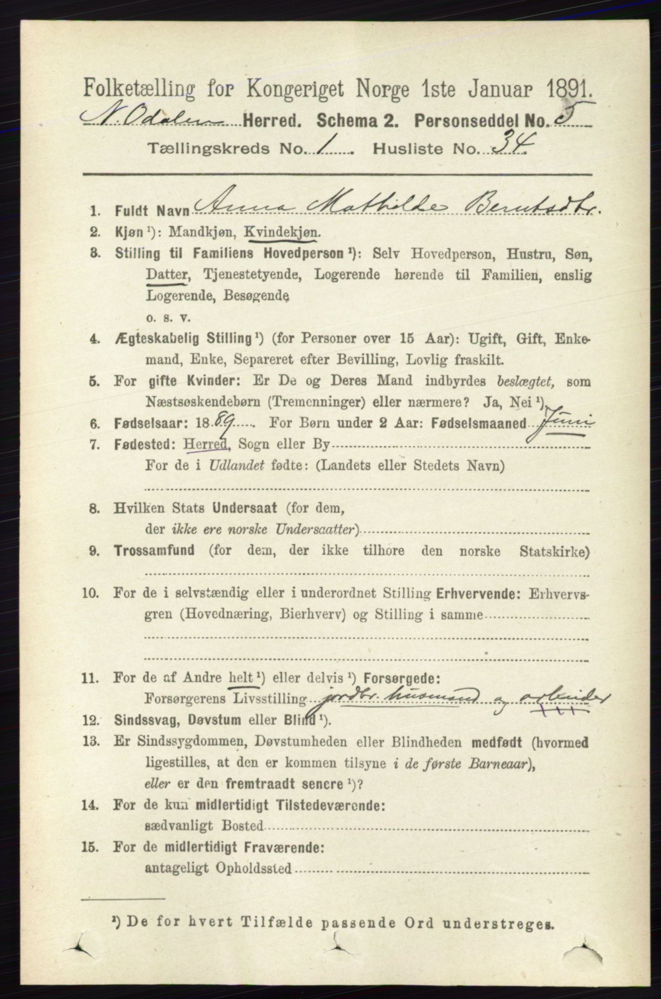 RA, 1891 census for 0418 Nord-Odal, 1891, p. 264