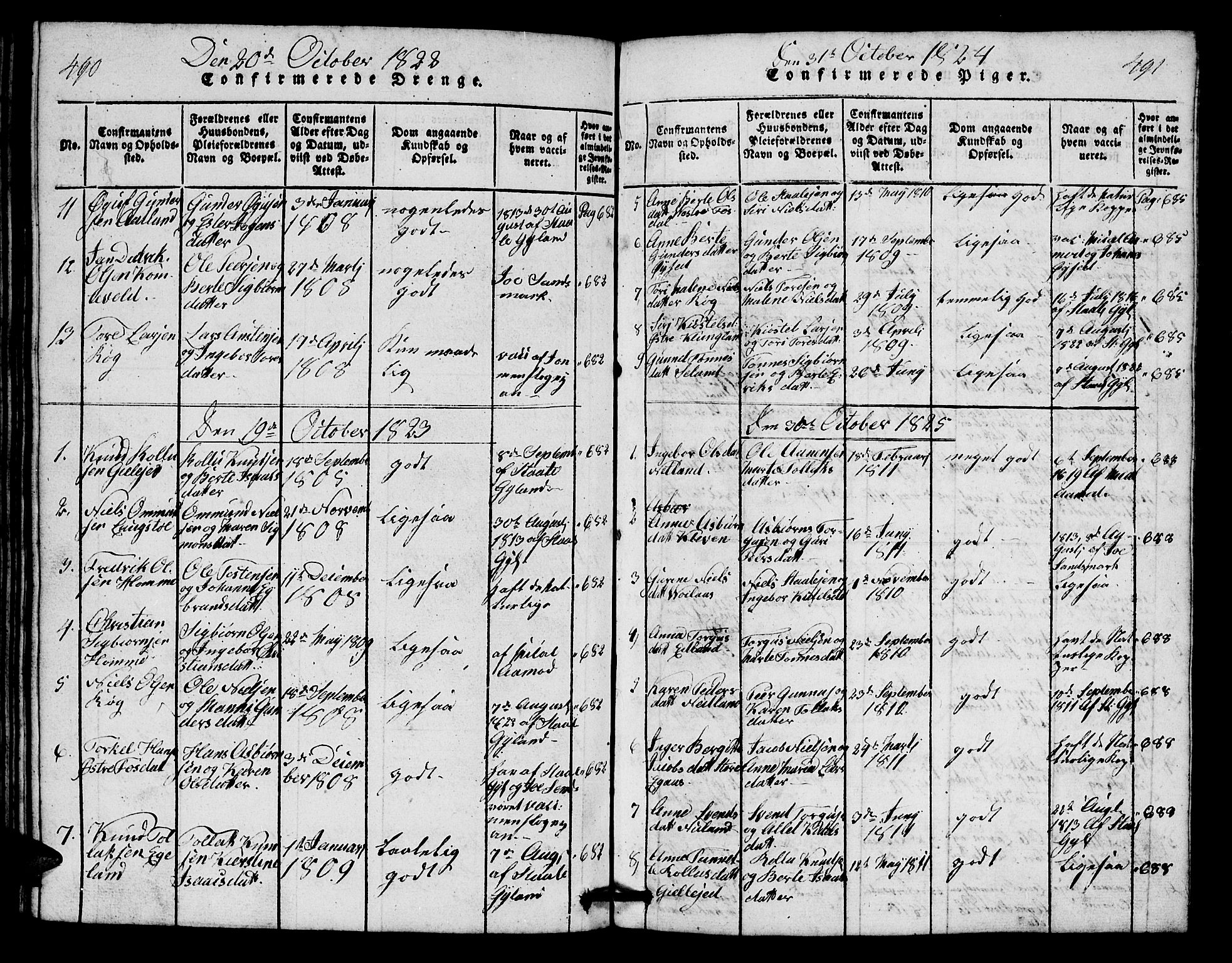 Bakke sokneprestkontor, SAK/1111-0002/F/Fb/Fbb/L0001: Parish register (copy) no. B 1, 1815-1835, p. 490-491