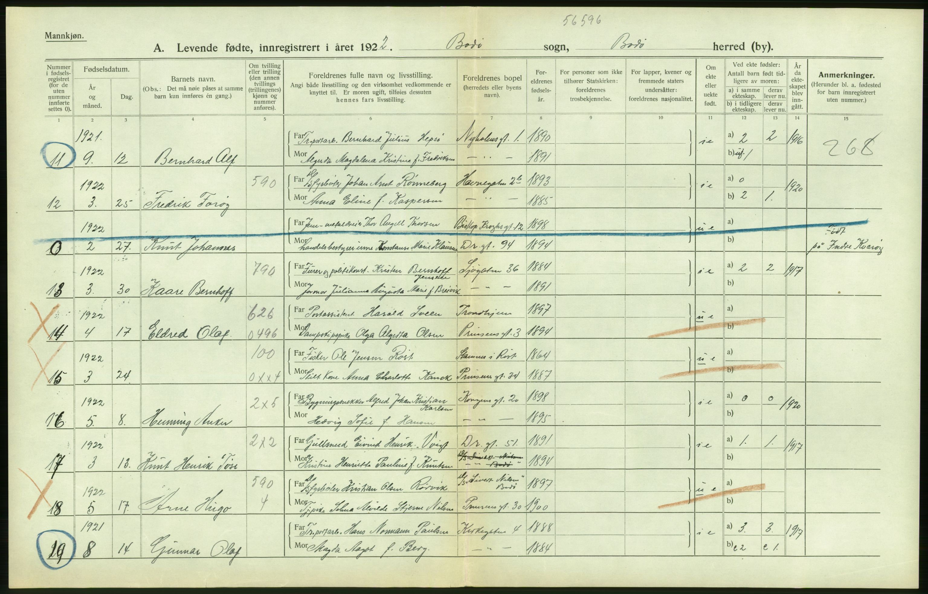 Statistisk sentralbyrå, Sosiodemografiske emner, Befolkning, AV/RA-S-2228/D/Df/Dfc/Dfcb/L0044: Nordland fylke: Levendefødte menn og kvinner. Bygder og byer., 1922, p. 36