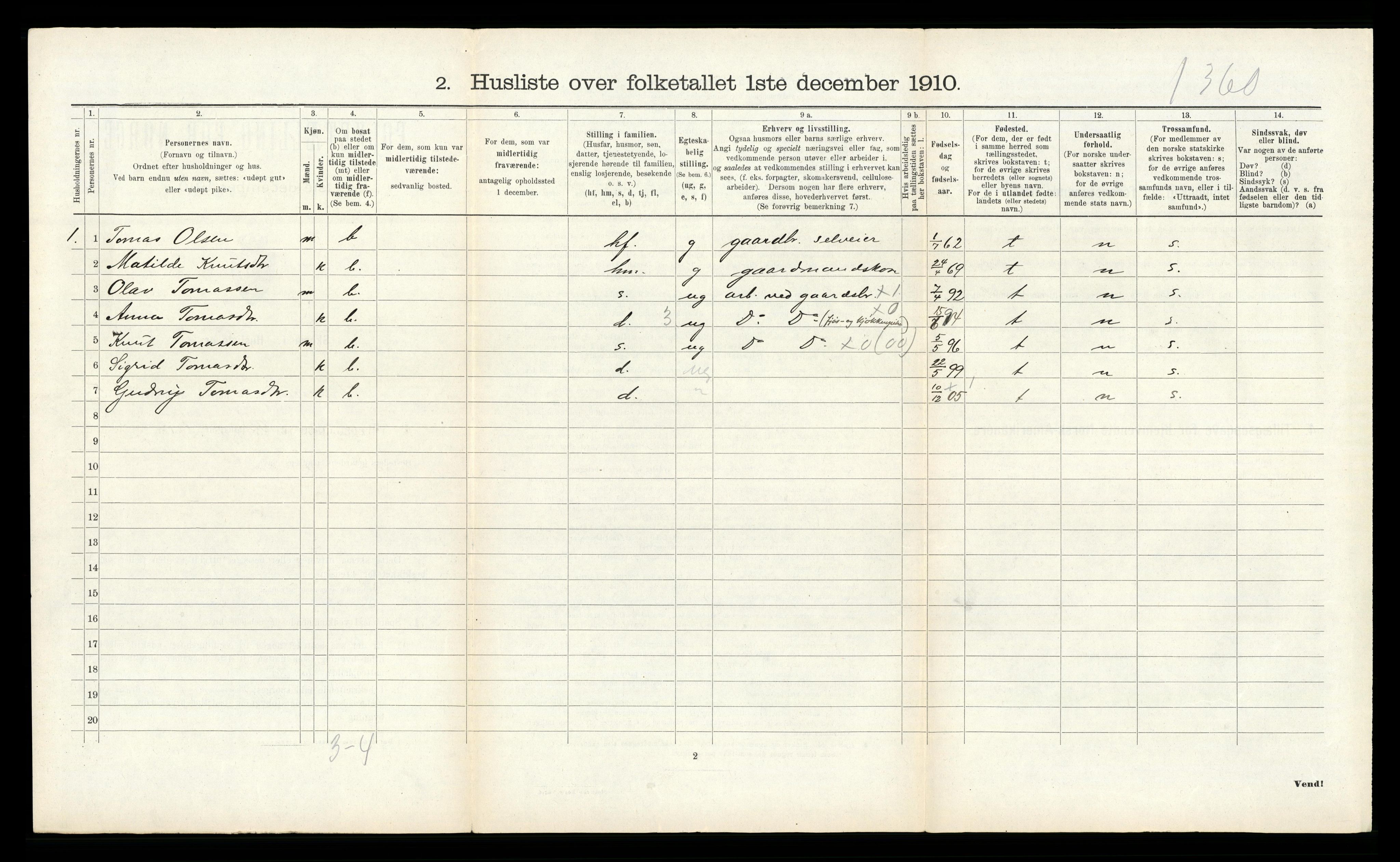 RA, 1910 census for Samnanger, 1910, p. 212