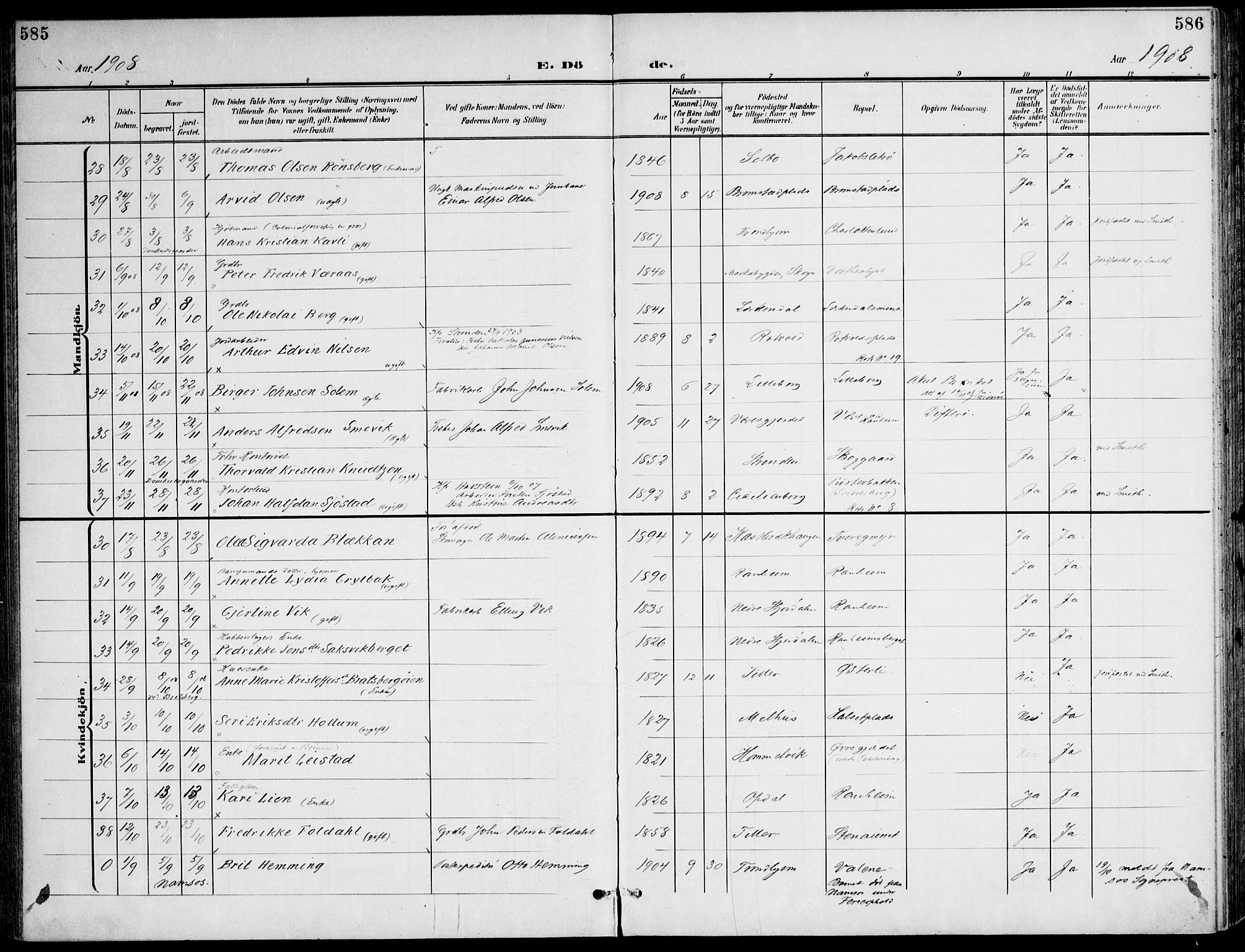 Ministerialprotokoller, klokkerbøker og fødselsregistre - Sør-Trøndelag, AV/SAT-A-1456/607/L0320: Parish register (official) no. 607A04, 1907-1915, p. 585-586