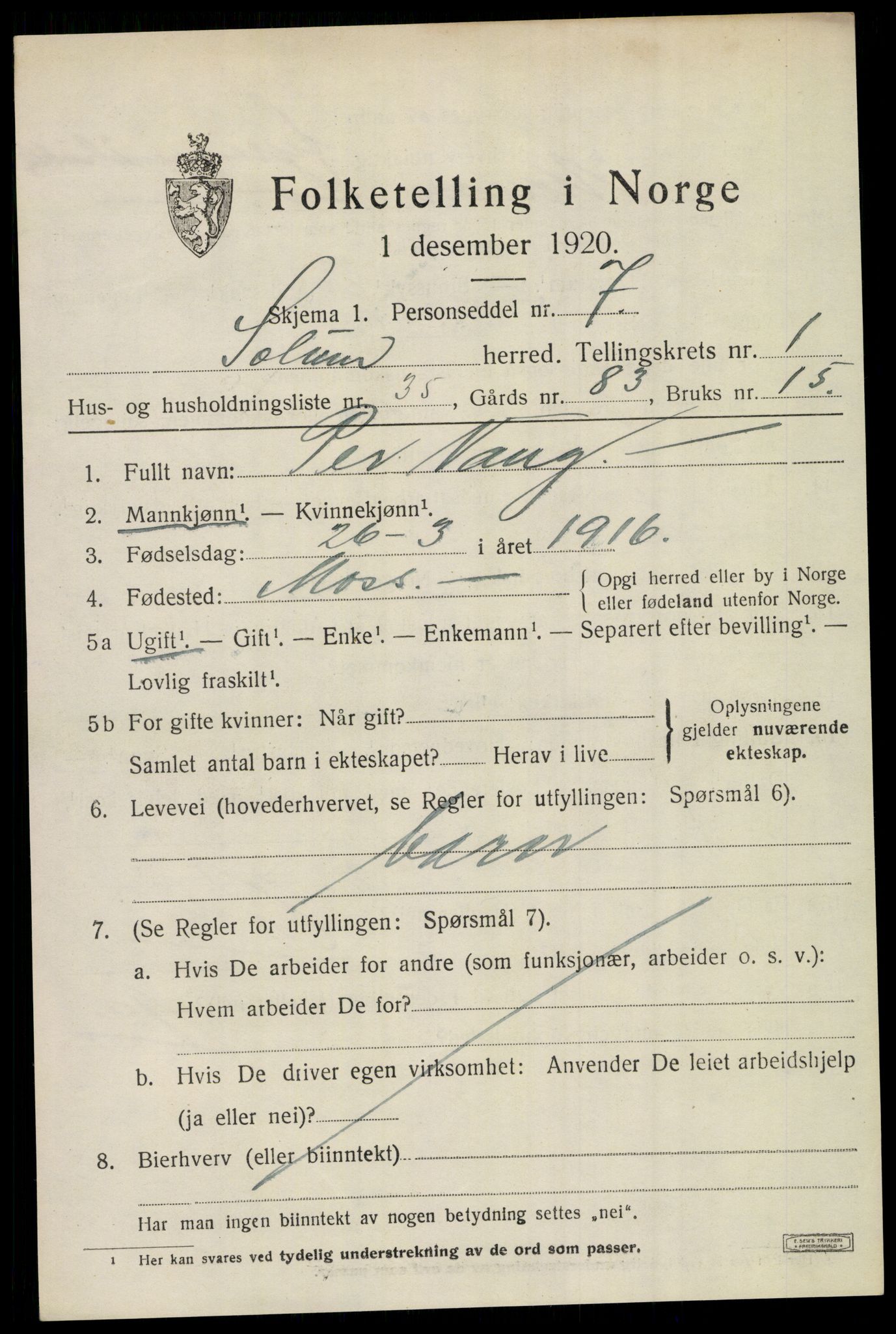 SAKO, 1920 census for Solum, 1920, p. 2918