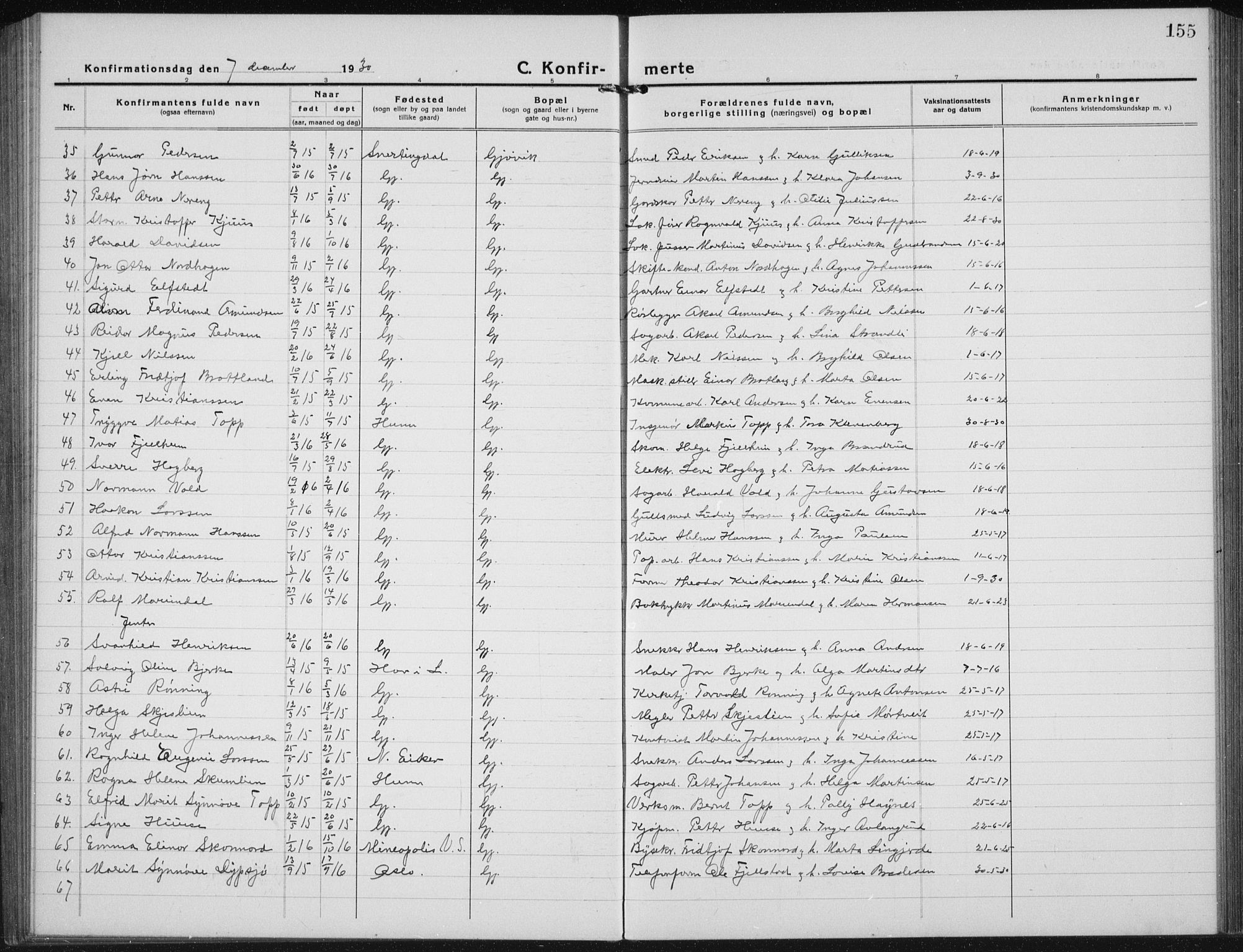 Vardal prestekontor, SAH/PREST-100/H/Ha/Hab/L0017: Parish register (copy) no. 17, 1922-1941, p. 155