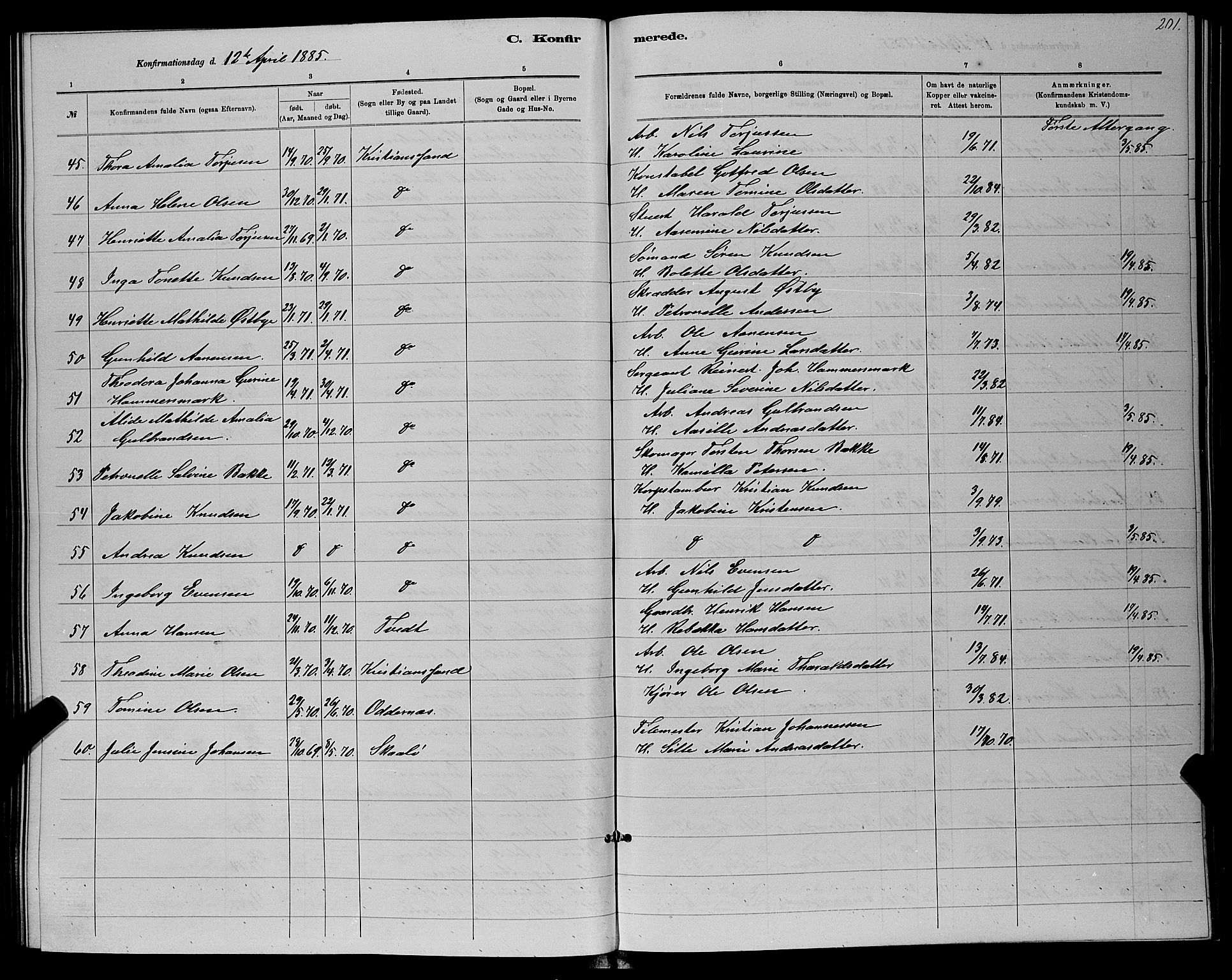 Kristiansand domprosti, AV/SAK-1112-0006/F/Fb/L0016: Parish register (copy) no. B 16, 1881-1893, p. 201