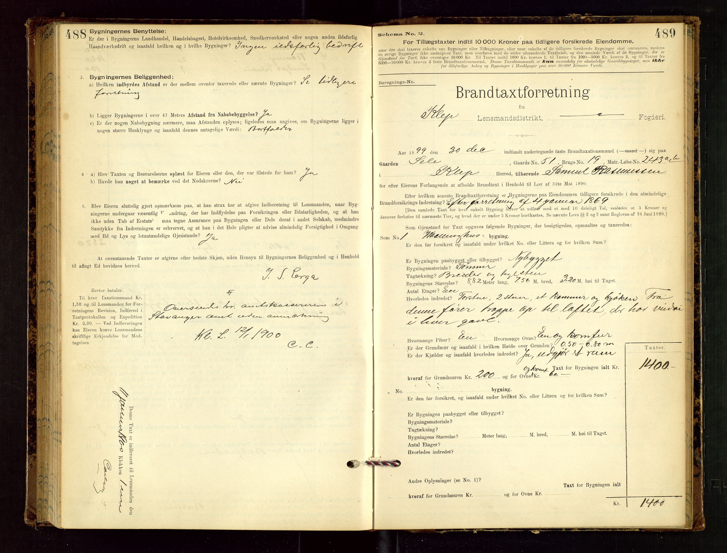 Klepp lensmannskontor, AV/SAST-A-100163/Goc/L0002: "Brandtaxationsprotokol" m/register, 1898-1902, p. 488-489