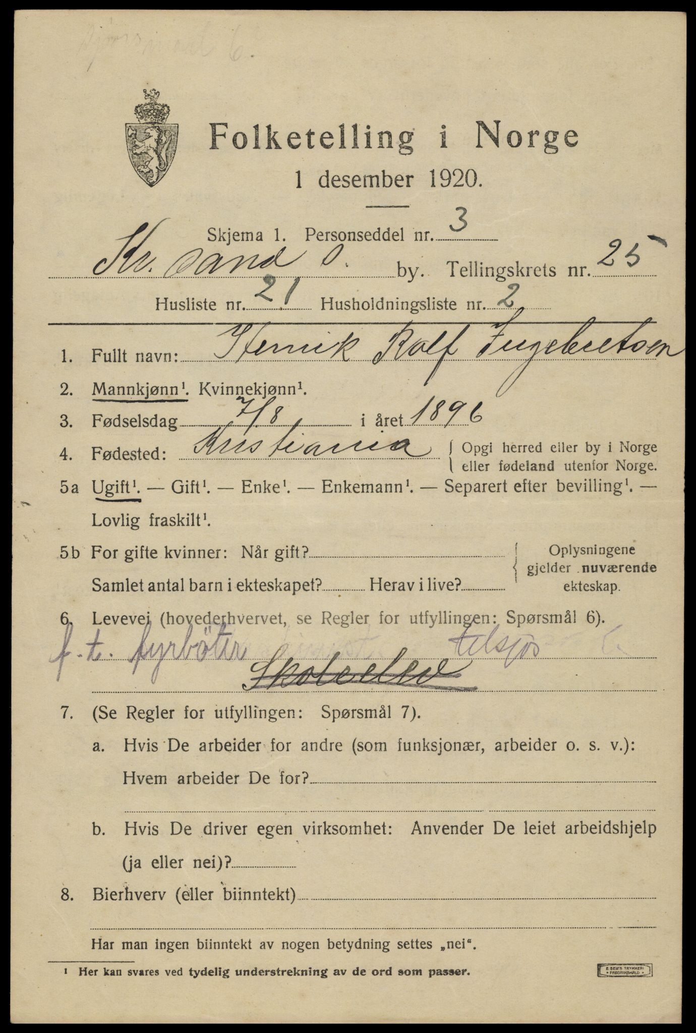 SAK, 1920 census for Kristiansand, 1920, p. 44023