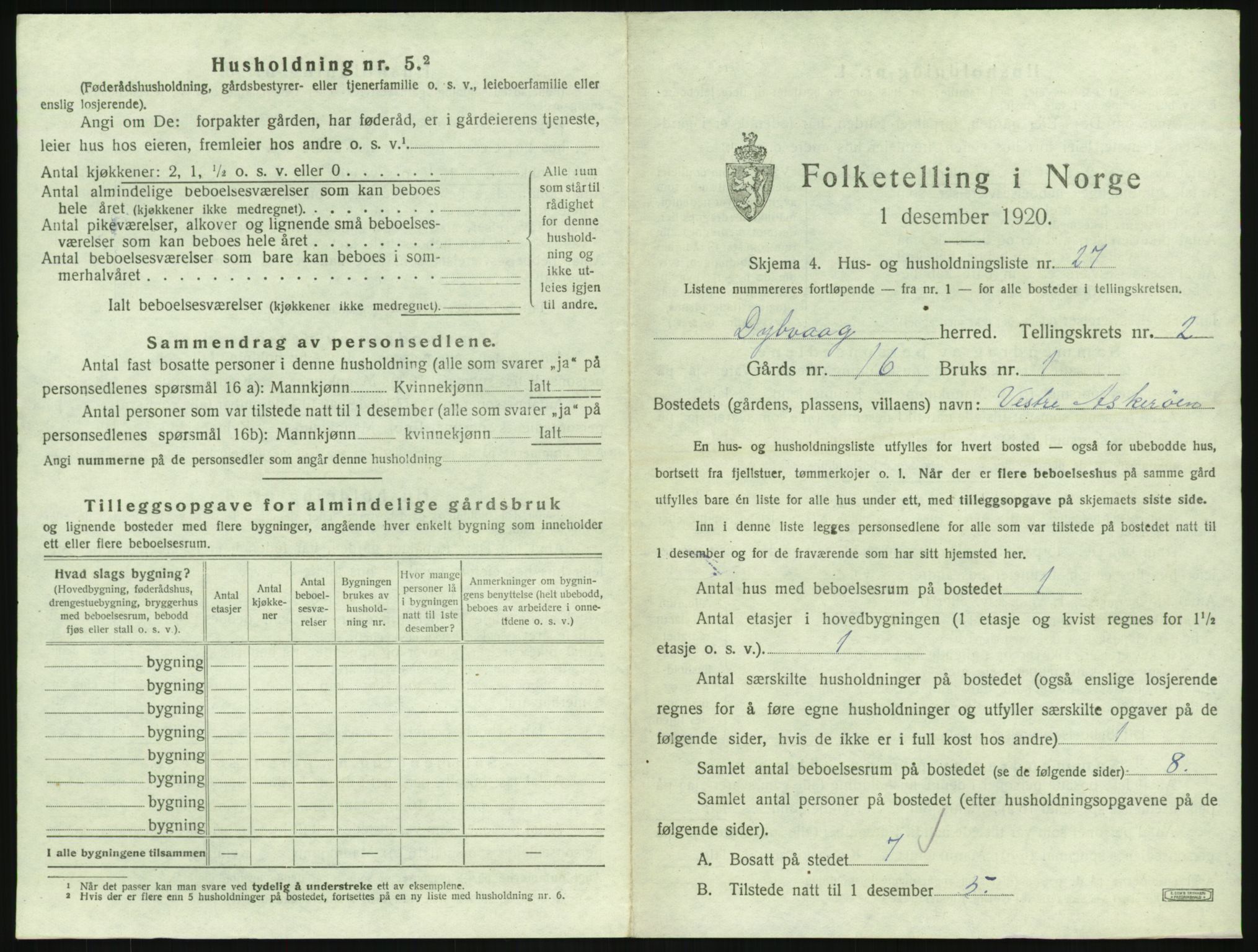 SAK, 1920 census for Dypvåg, 1920, p. 297