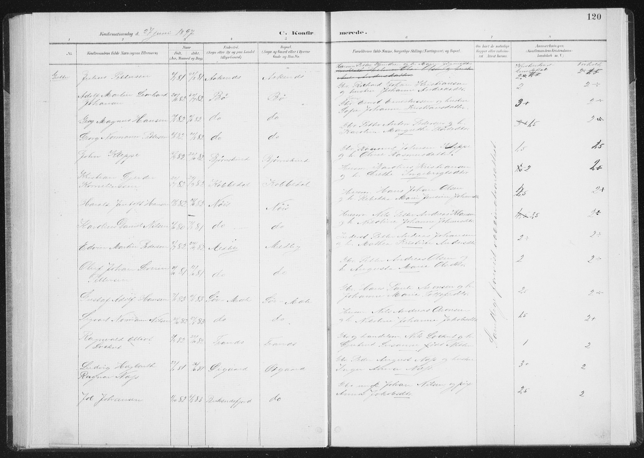 Ministerialprotokoller, klokkerbøker og fødselsregistre - Nordland, AV/SAT-A-1459/898/L1422: Parish register (official) no. 898A02, 1887-1908, p. 120