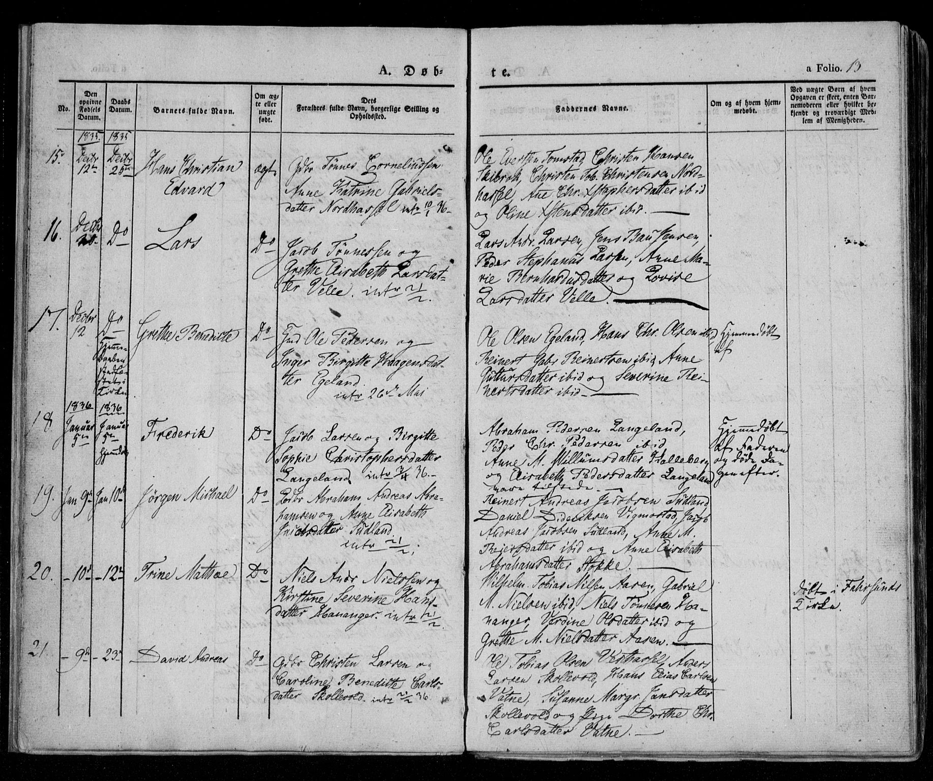 Lista sokneprestkontor, AV/SAK-1111-0027/F/Fa/L0009: Parish register (official) no. A 9, 1835-1846, p. 13