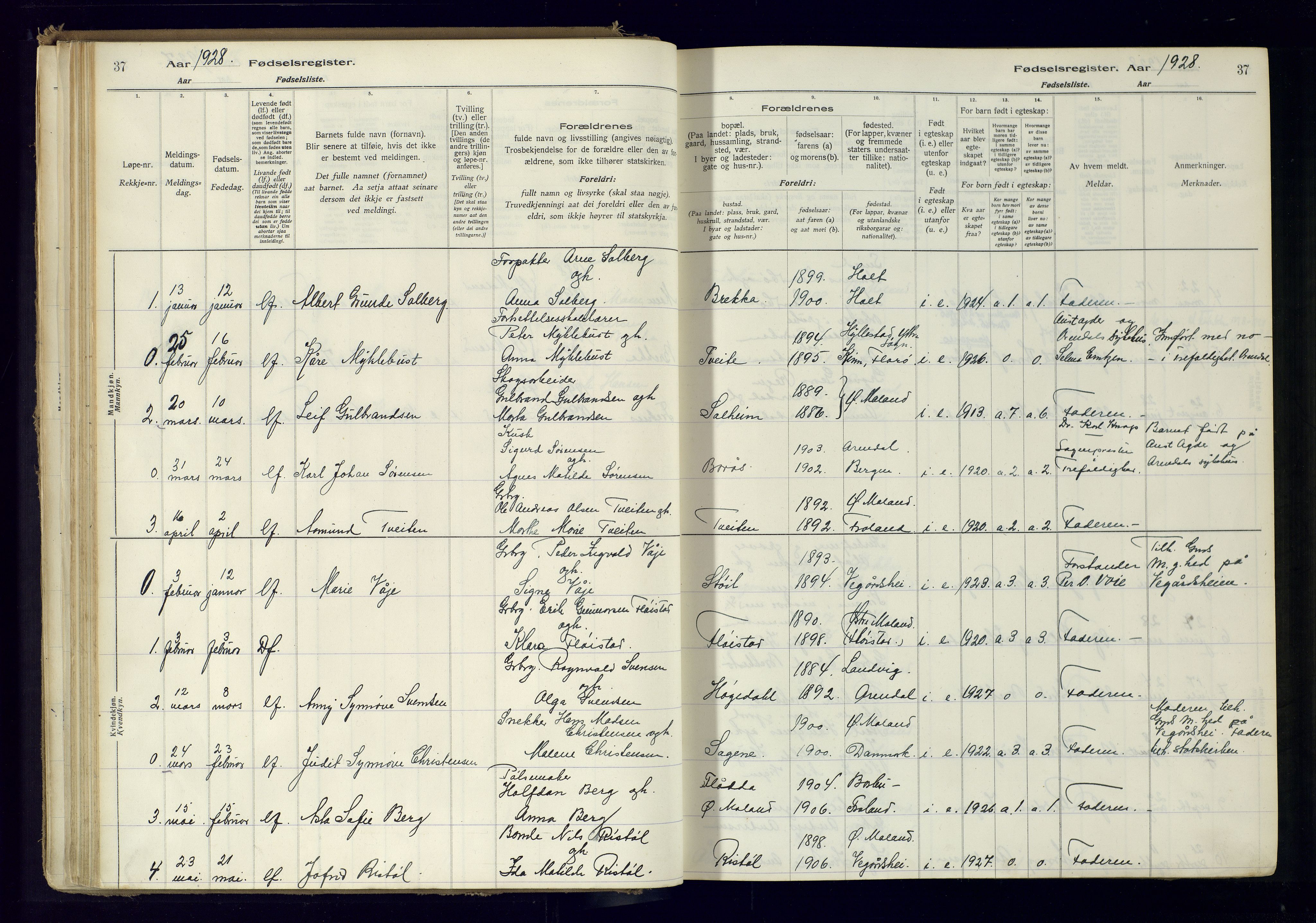 Austre Moland sokneprestkontor, AV/SAK-1111-0001/J/Ja/L0001: Birth register no. A-VI-25, 1916-1975, p. 37