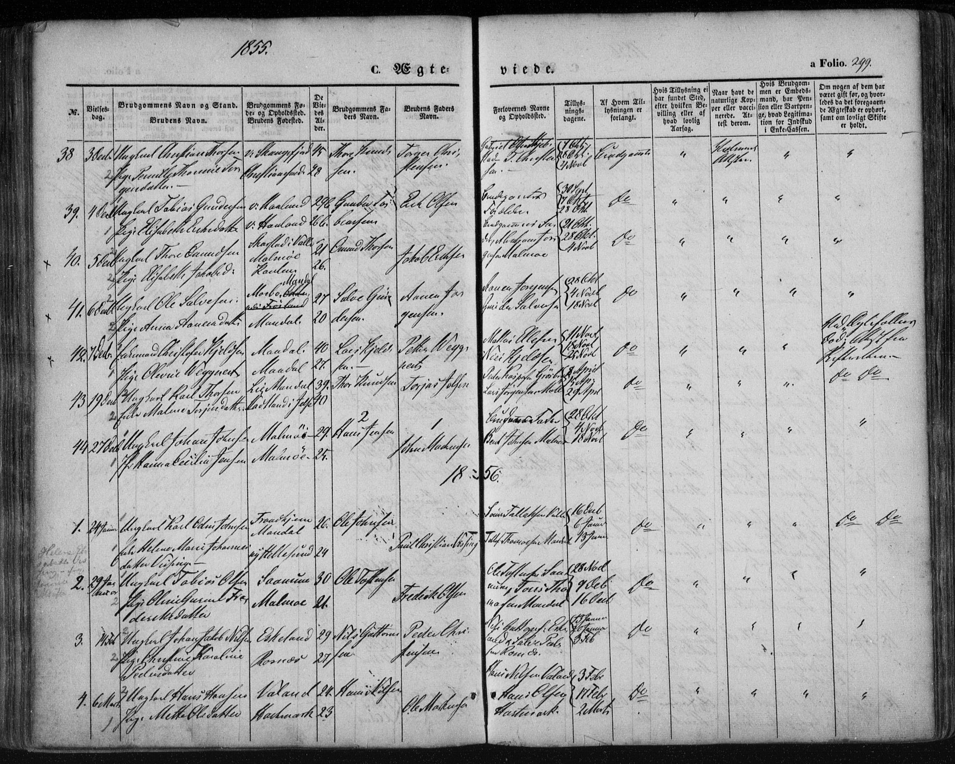 Mandal sokneprestkontor, SAK/1111-0030/F/Fa/Faa/L0013: Parish register (official) no. A 13, 1847-1859, p. 299