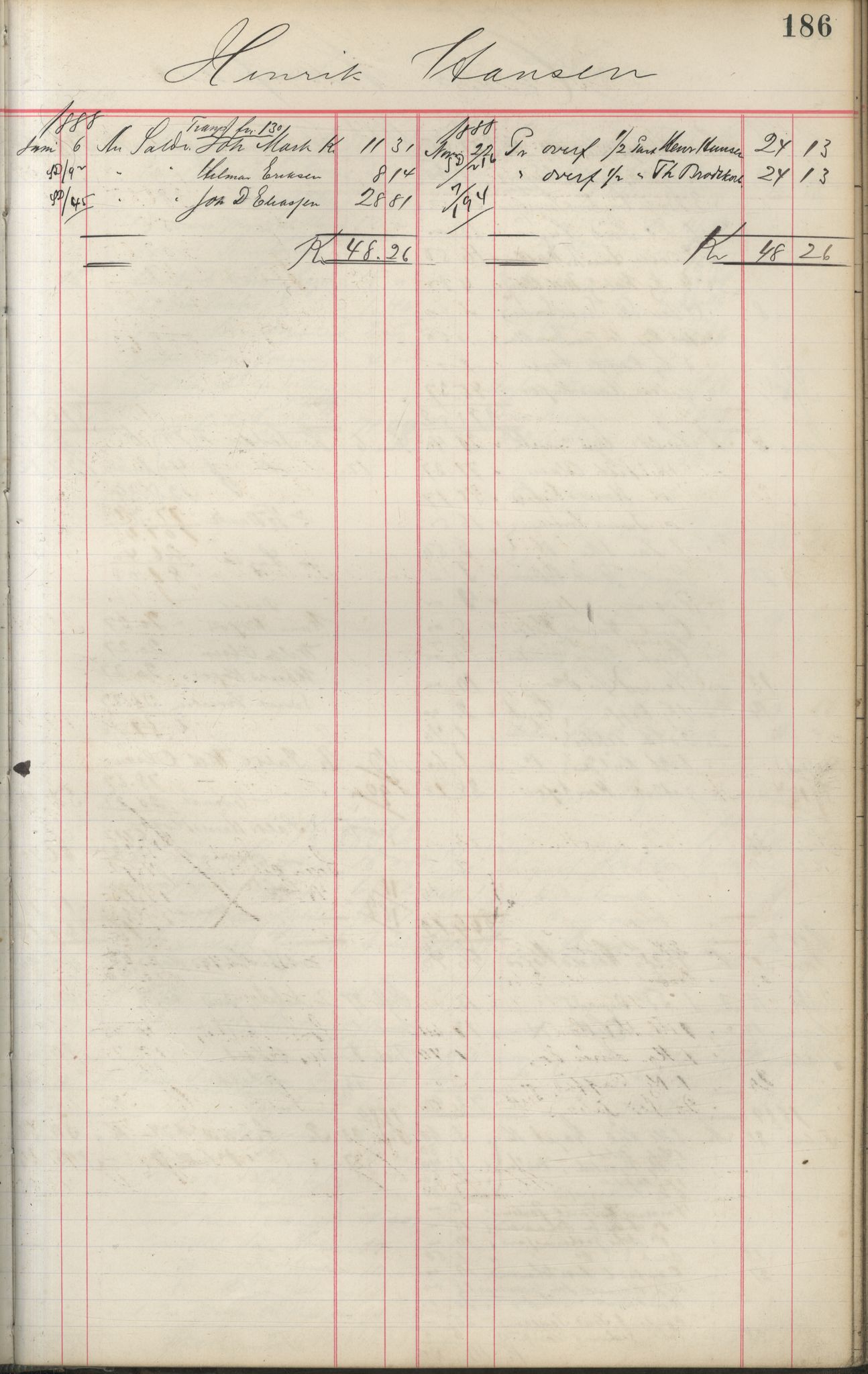 Brodtkorb handel A/S, VAMU/A-0001/F/Fa/L0001/0002: Kompanibøker. Innensogns / Compagnibog for Indensogns Fiskere No 11, 1887-1889, p. 186
