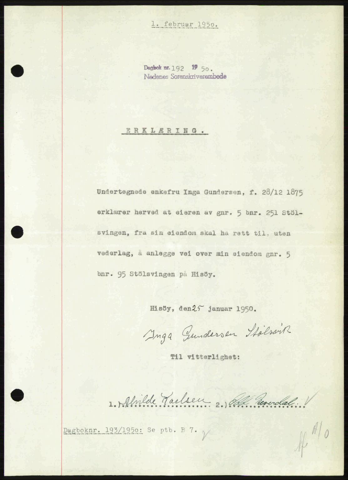Nedenes sorenskriveri, SAK/1221-0006/G/Gb/Gba/L0062: Mortgage book no. A14, 1949-1950, Diary no: : 192/1950