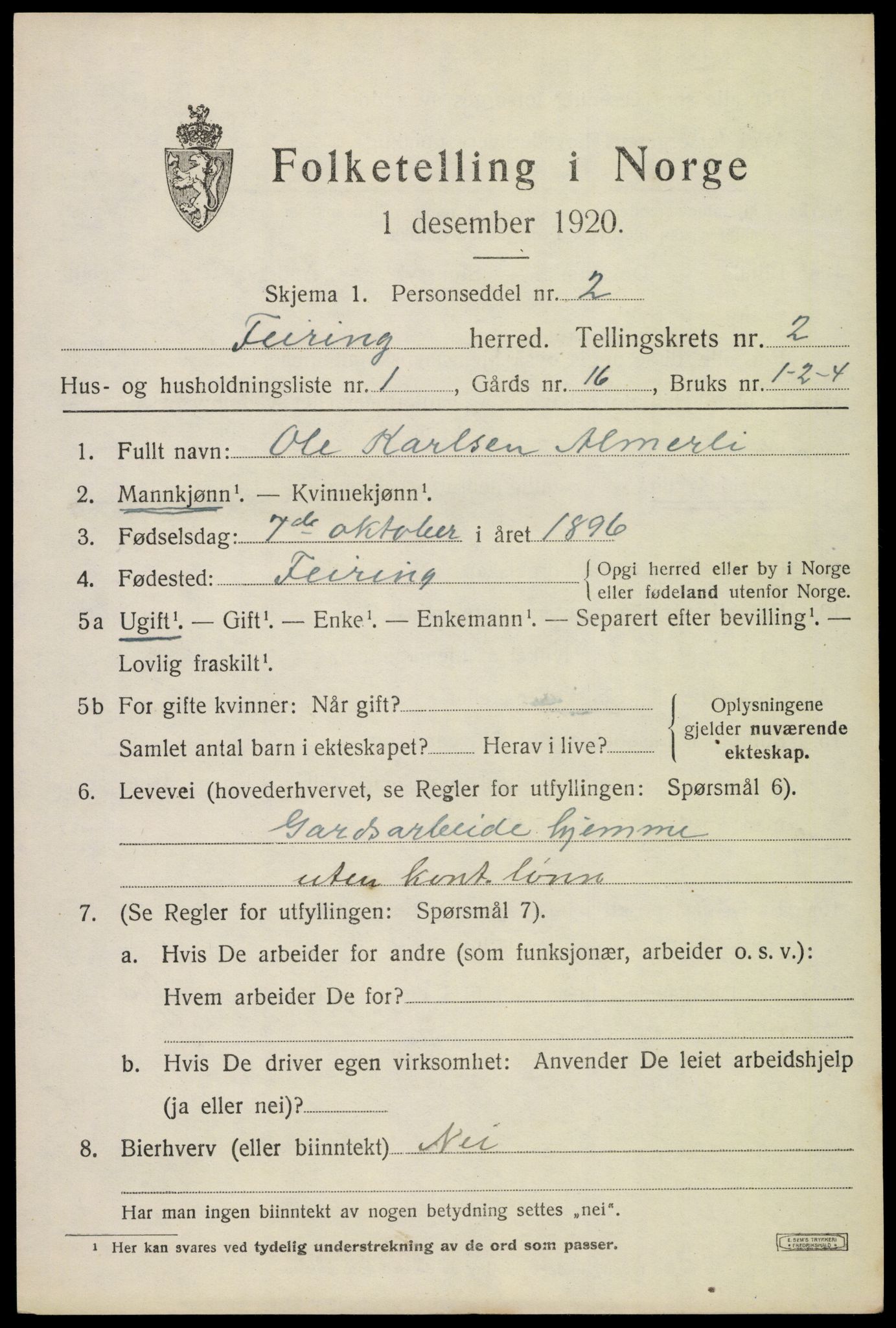 SAO, 1920 census for Feiring, 1920, p. 764