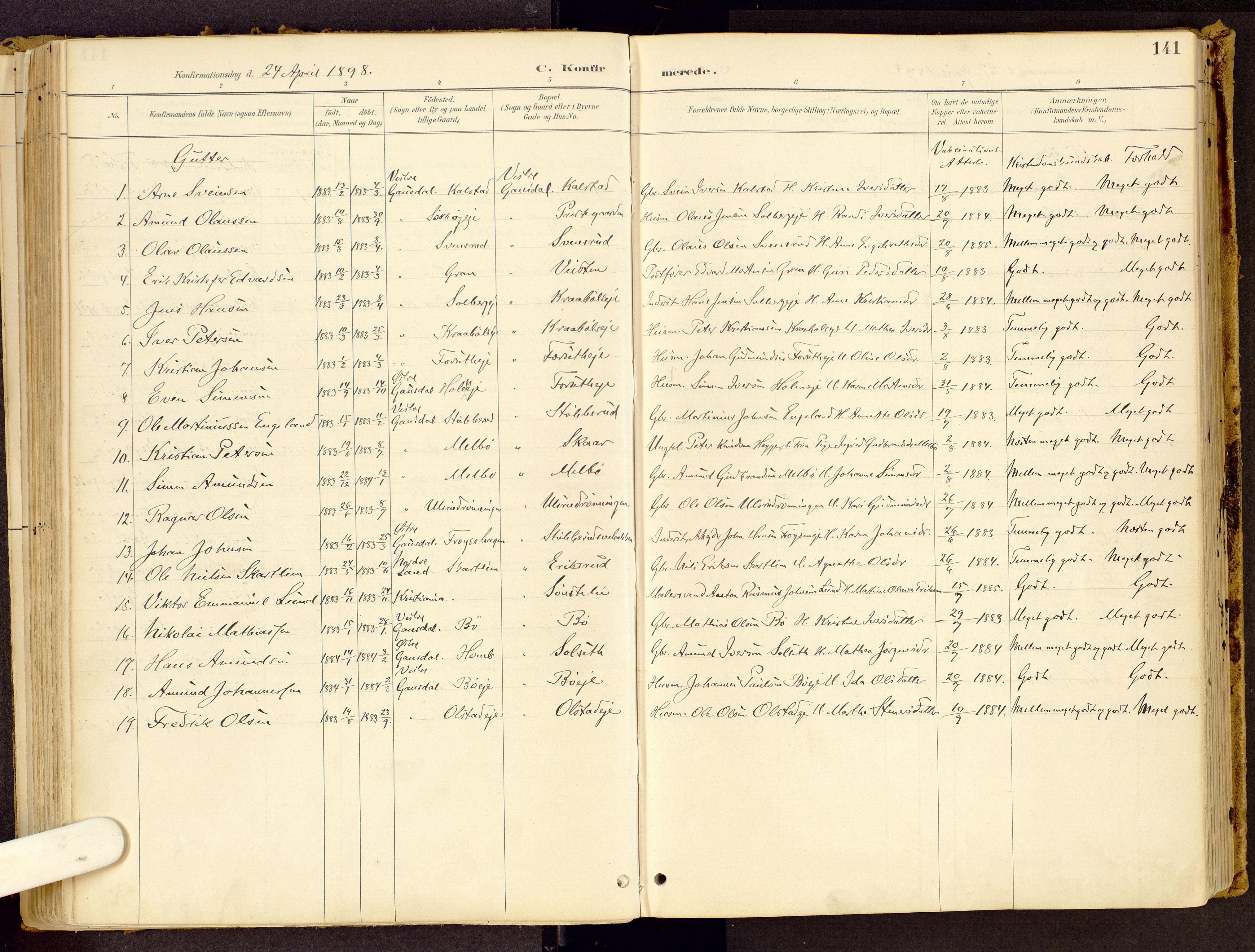 Vestre Gausdal prestekontor, SAH/PREST-094/H/Ha/Haa/L0001: Parish register (official) no. 1, 1887-1914, p. 141