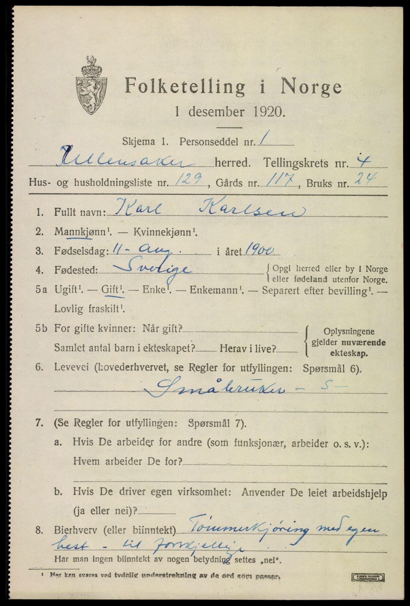 SAO, 1920 census for Ullensaker, 1920, p. 8835