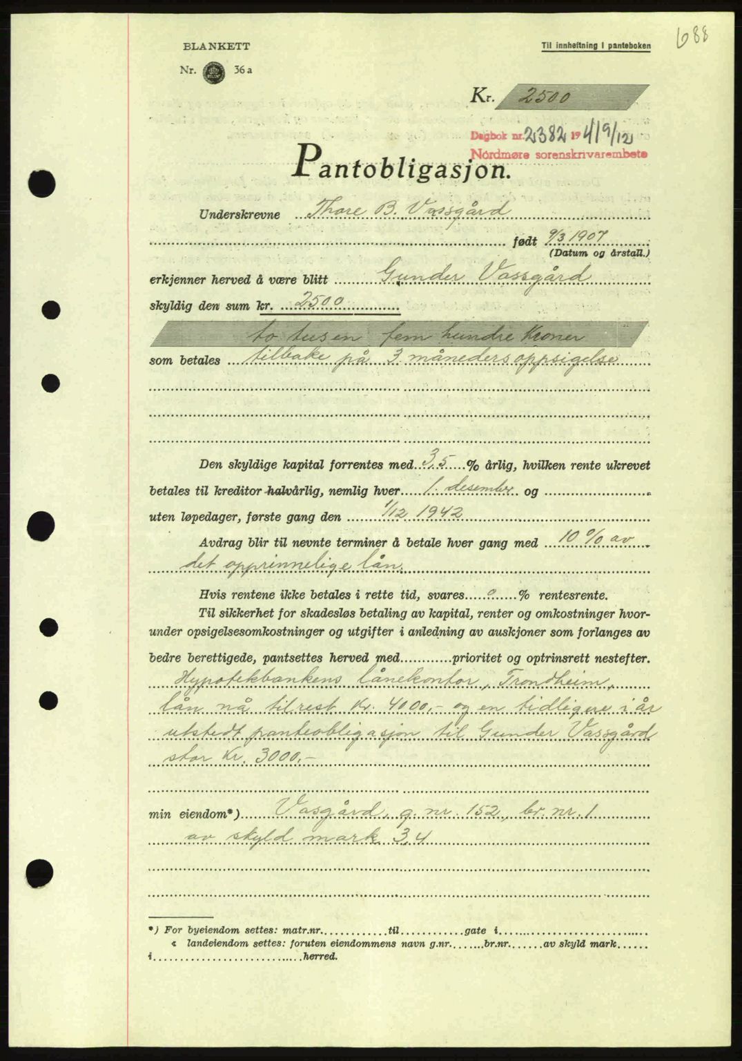 Nordmøre sorenskriveri, AV/SAT-A-4132/1/2/2Ca: Mortgage book no. B88, 1941-1942, Diary no: : 2382/1941