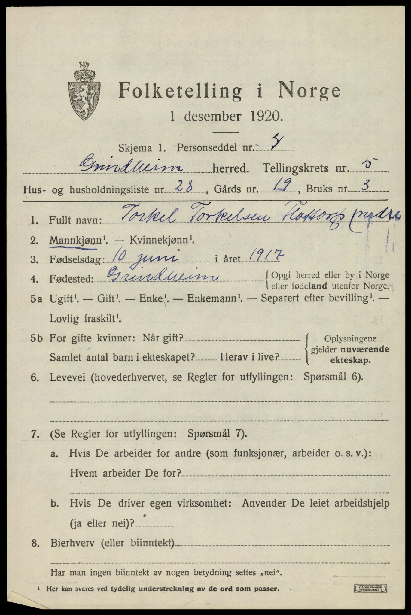 SAK, 1920 census for Grindheim, 1920, p. 1845