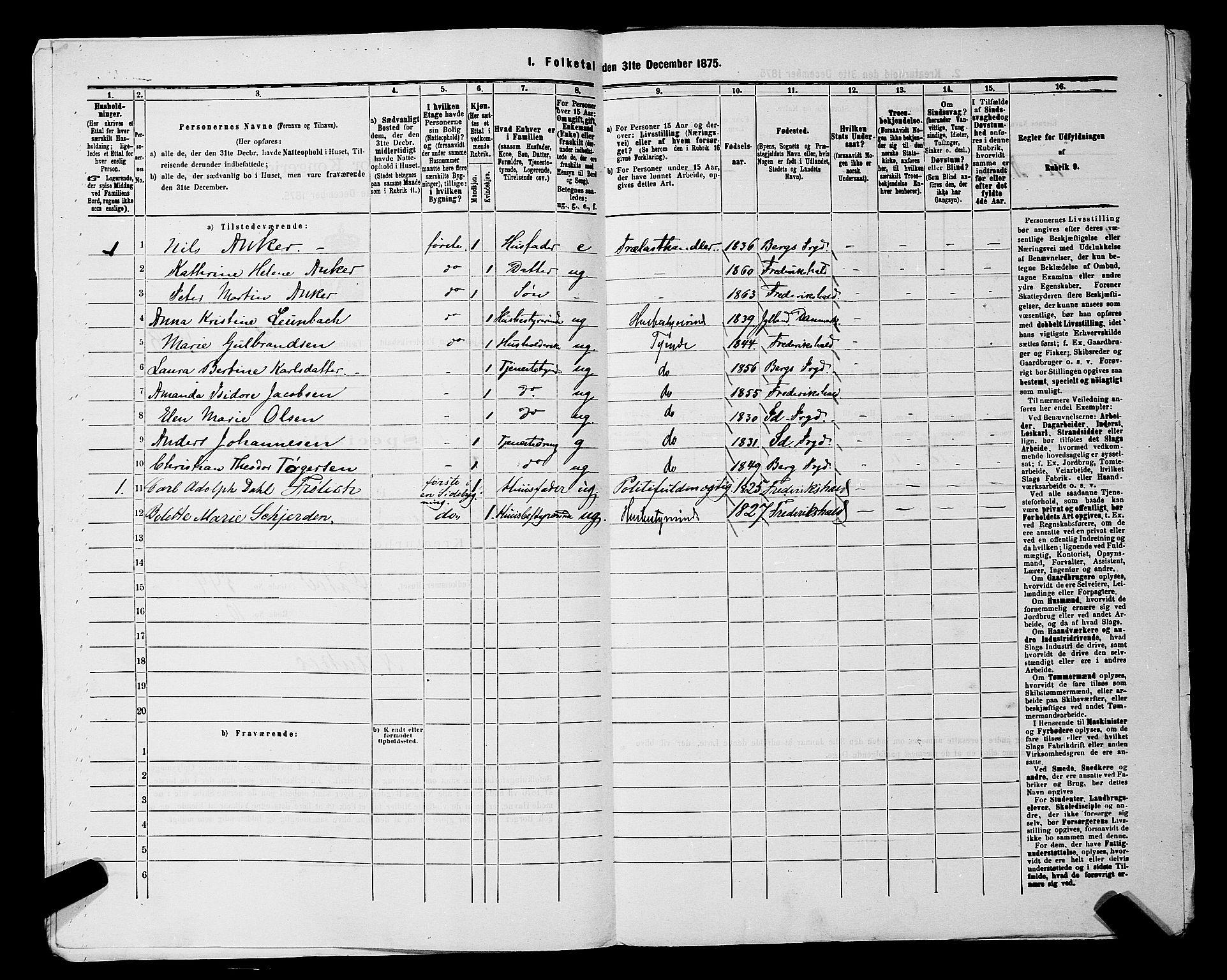 RA, 1875 census for 0101P Fredrikshald, 1875, p. 1109