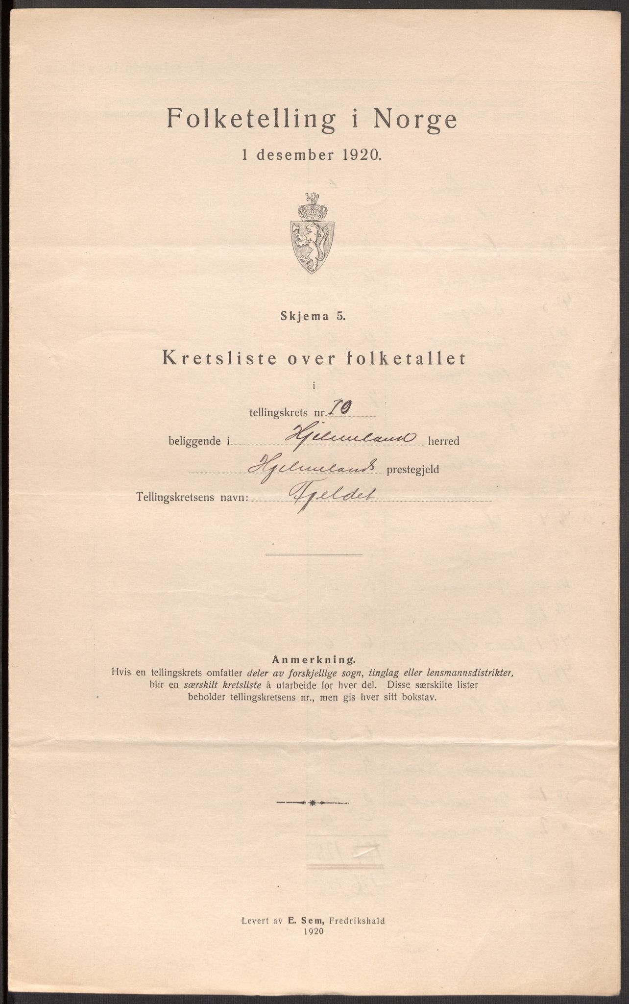 SAST, 1920 census for Hjelmeland, 1920, p. 44