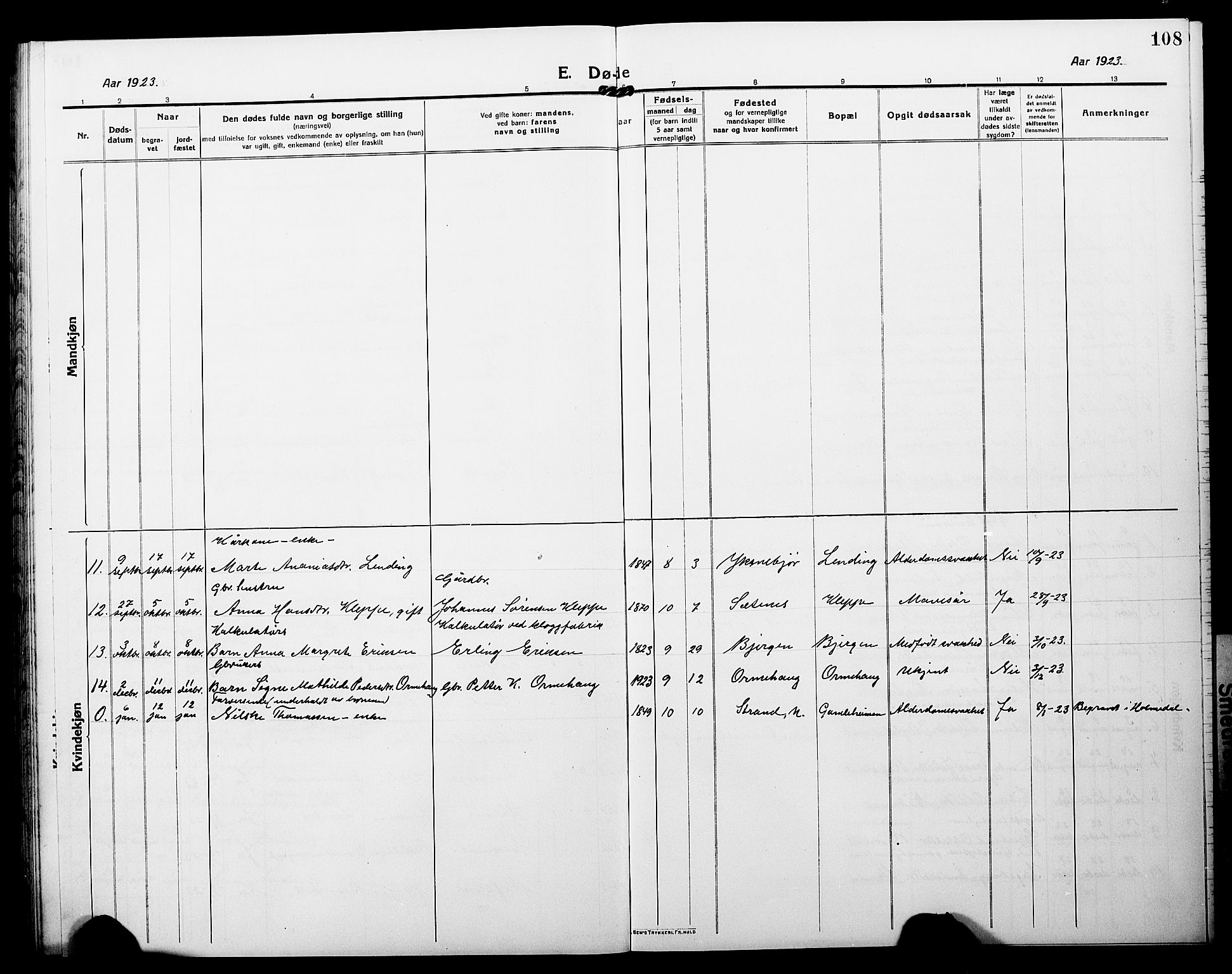 Fjaler sokneprestembete, SAB/A-79801/H/Hab/Habc/L0004: Parish register (copy) no. C 4, 1914-1927, p. 108