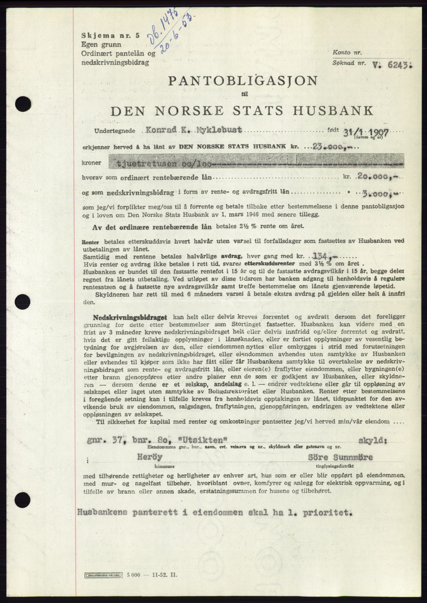 Søre Sunnmøre sorenskriveri, AV/SAT-A-4122/1/2/2C/L0123: Mortgage book no. 11B, 1953-1953, Diary no: : 1475/1953